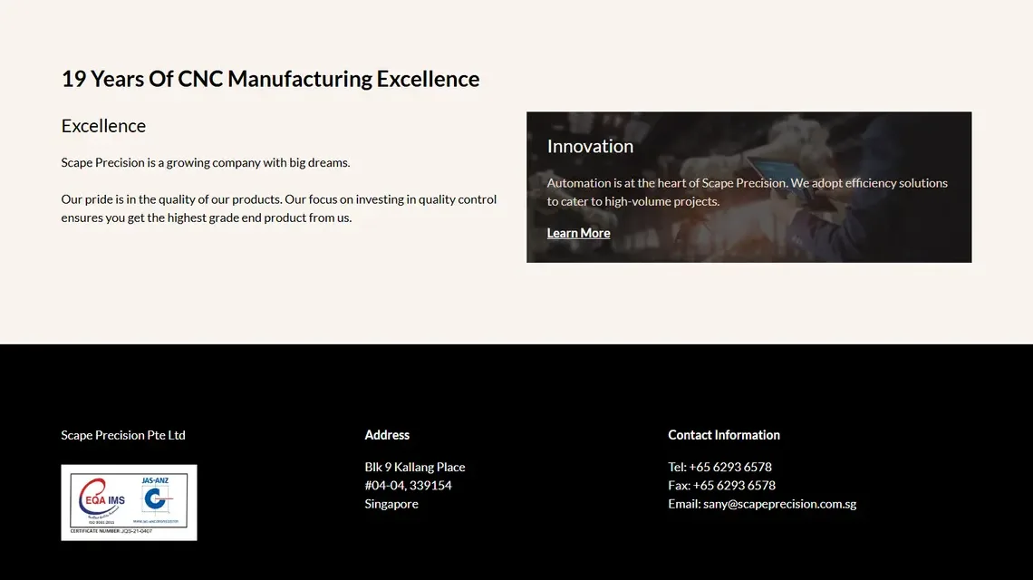 The new site: 19 Years Of CNC Manufacturing Excellence, and the footer