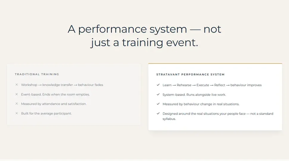 The new site: The comparison with traditional training, halfway down the homepage