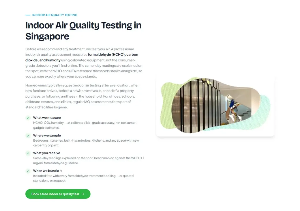 The new site: Indoor air quality testing, on the homepage
