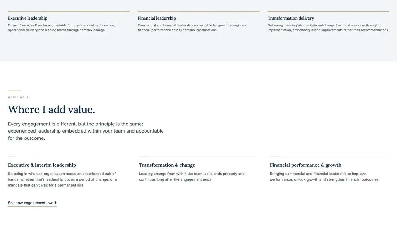 The new site: Credentials, then services, halfway down the homepage