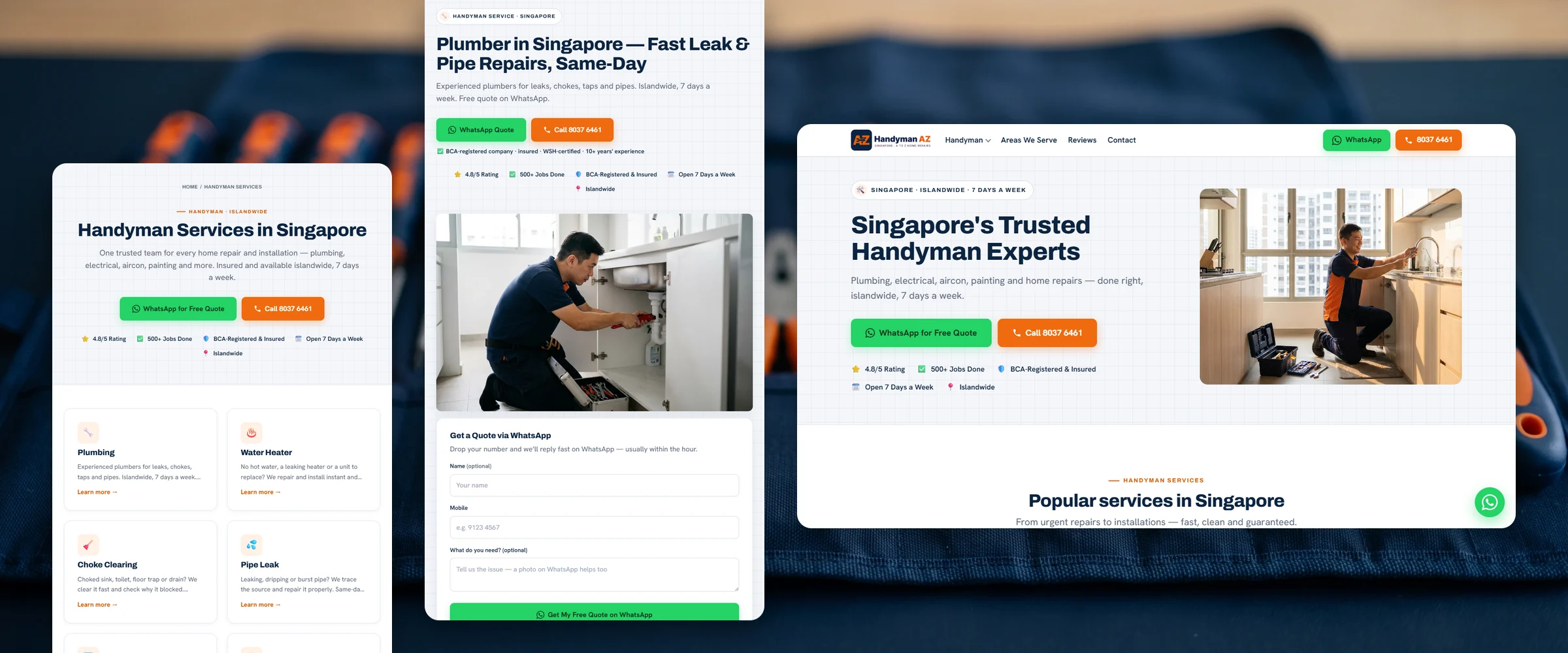 Three Handyman AZ pages over a navy canvas tool roll with its orange-handled tools out of focus: Handyman Services in Singapore, a grid of service cards from Plumbing and Water Heater to Choke Clearing and Pipe Leak; Plumber in Singapore, with a plumber at work under a kitchen sink above a WhatsApp quote form; and the homepage, "Singapore's Trusted Handyman Experts"