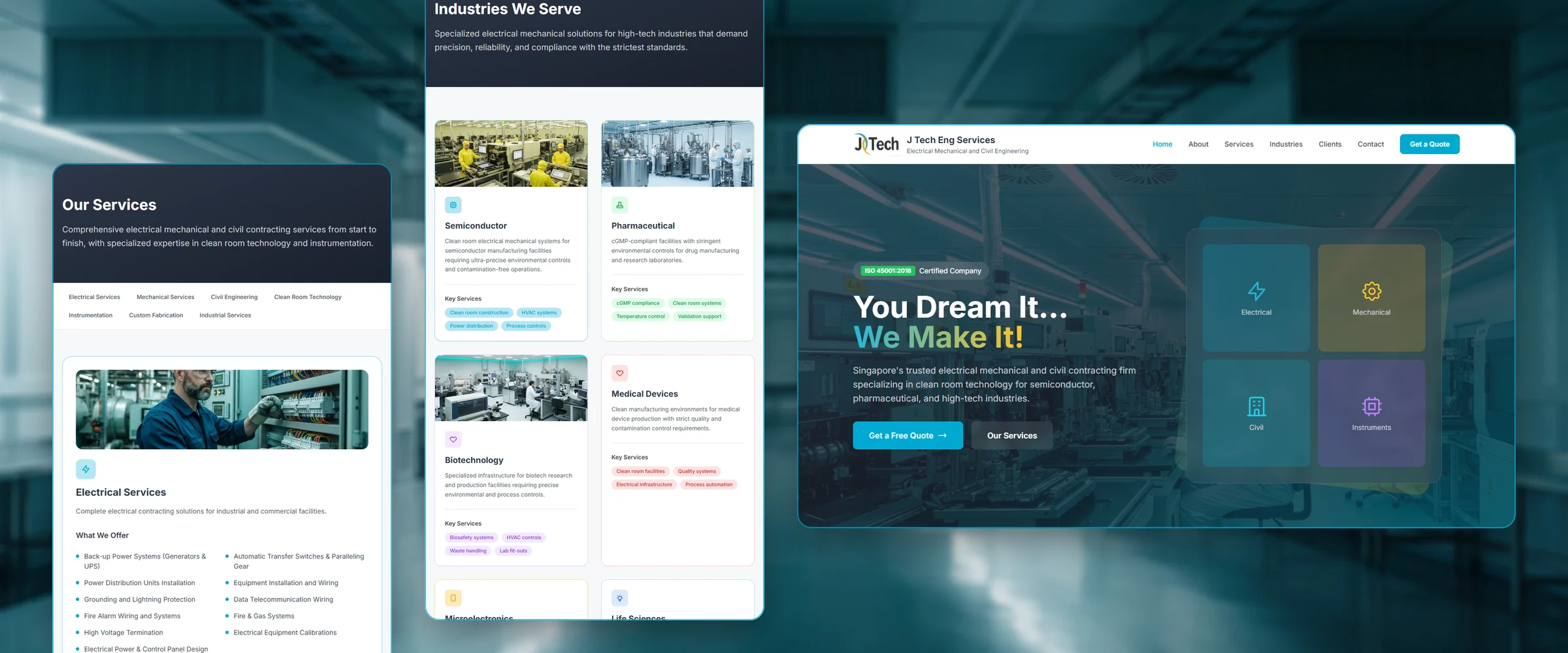 Three J Tech Eng Services pages over a blurred semiconductor cleanroom in teal light: Our Services, opening on Electrical Services with an engineer at a control panel and the work it covers; Industries We Serve, cards for semiconductor, pharmaceutical, biotechnology and medical device work; and the homepage, "You Dream It... We Make It!"