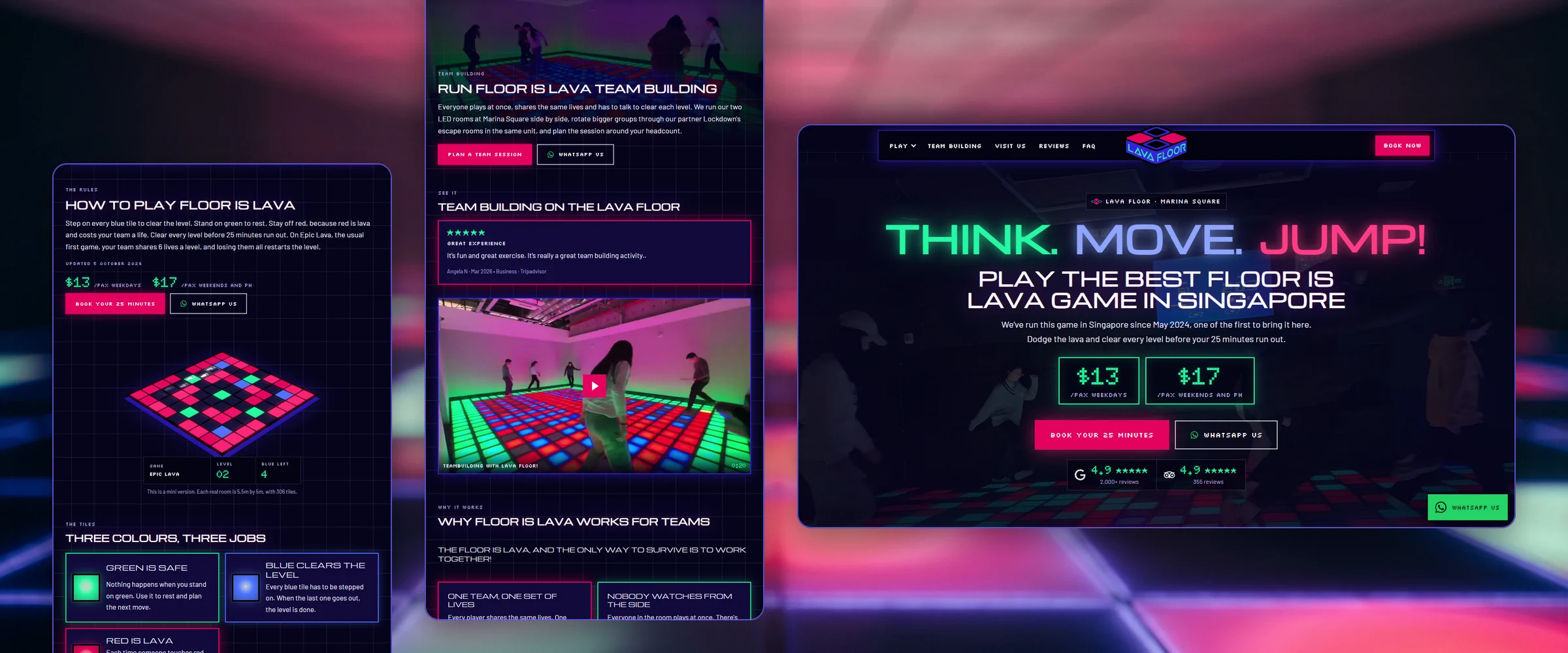 Three Lava Floor pages over a blurred LED game floor glowing pink and violet: How to Play Floor is Lava, with a mini lava floor and the three tile colours; Run Floor is Lava Team Building, with a video of a team on the floor; and the homepage, "Think. Move. Jump!"