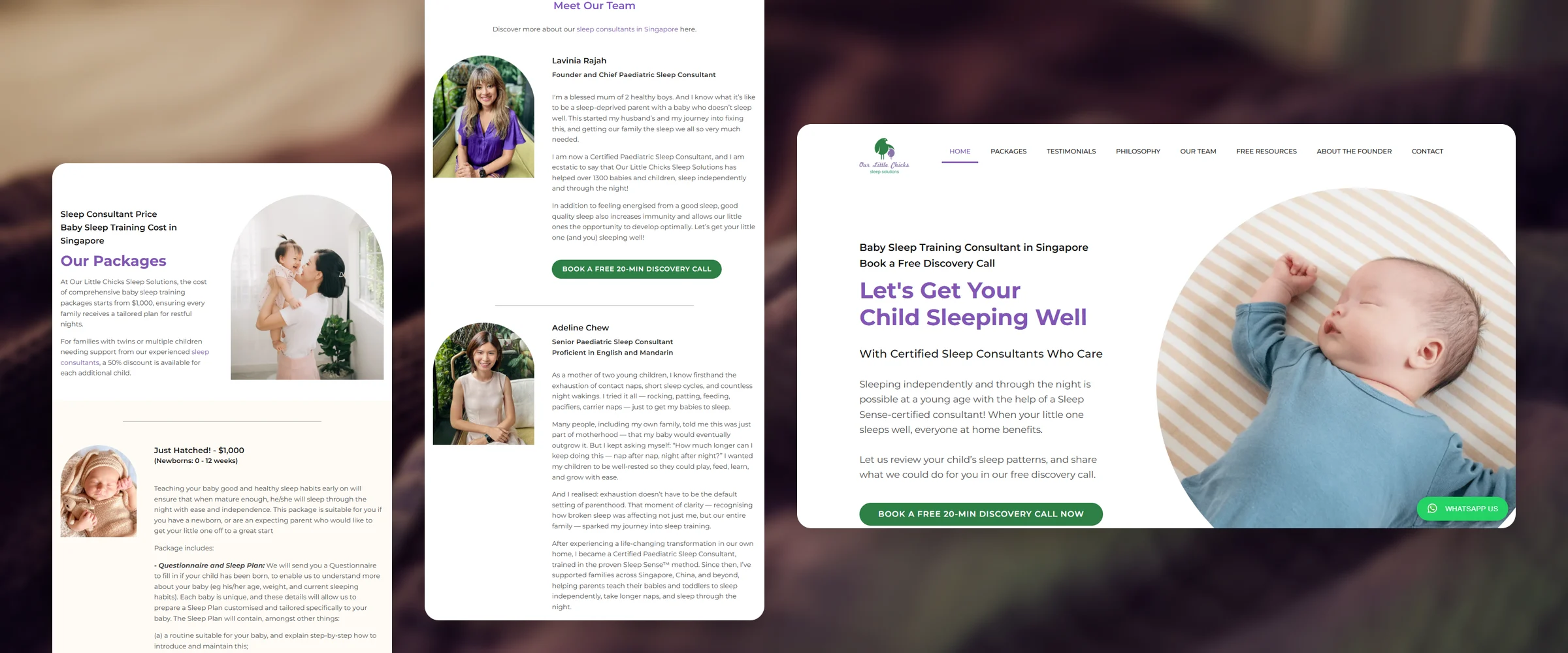 Three Our Little Chicks pages over soft folds of a plum knitted cot blanket at bedtime: Our Packages, with the Just Hatched! newborn package and a mother lifting her laughing baby; Meet Our Team, with portraits of sleep consultants Lavinia Rajah and Adeline Chew; and the homepage, "Let's Get Your Child Sleeping Well"