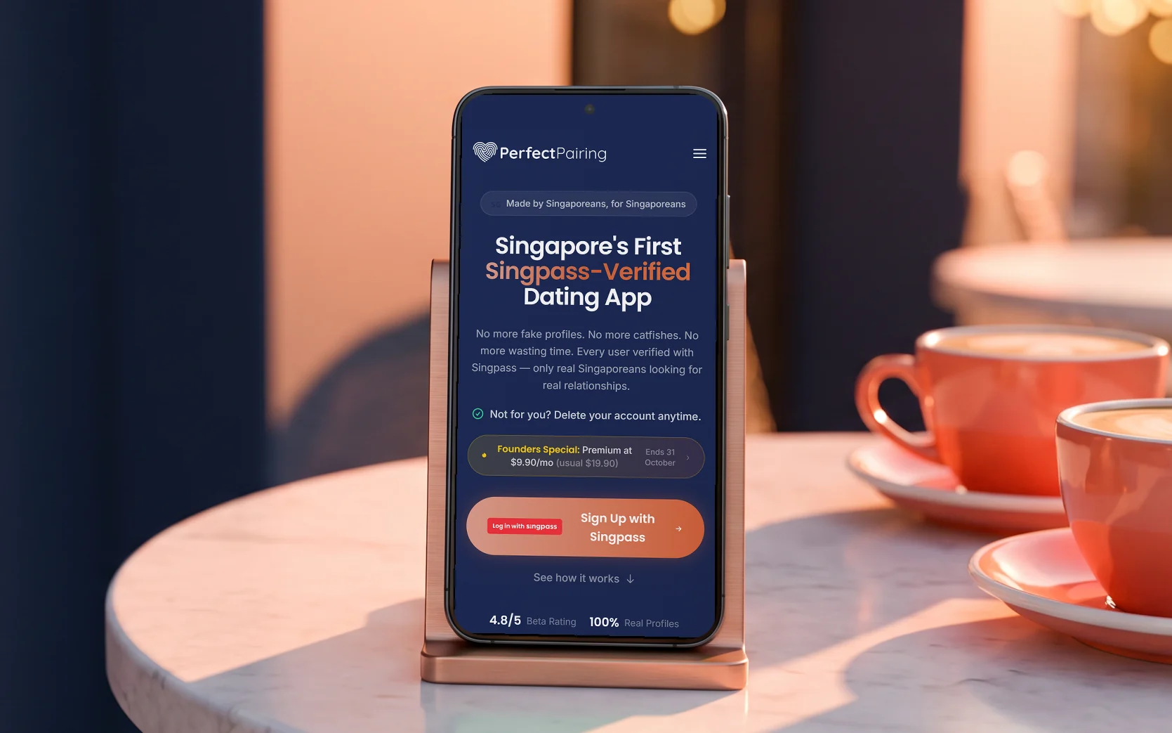 Perfect Pairing mobile site, "Singapore's First Singpass-Verified Dating App" with its Sign Up with Singpass button, on a phone in a copper stand on a marble cafe table beside two coral coffee cups at golden hour