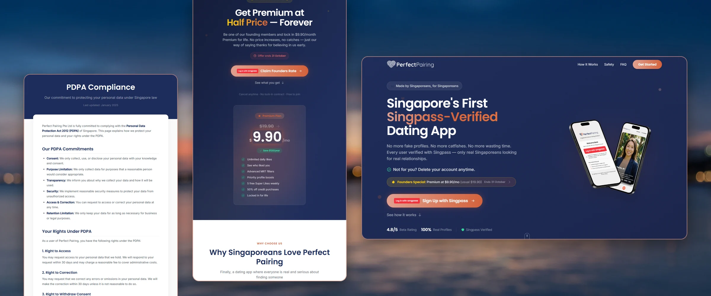 Three Perfect Pairing pages over a Singapore bay at dusk, a navy sky with a coral and peach band and a row of warm city lights, all out of focus: PDPA Compliance, the app's PDPA commitments and users' rights; Founders Special, "Get Premium at Half Price — Forever" with the $9.90/mo founders' plan, then "Why Singaporeans Love Perfect Pairing"; and the homepage, "Singapore's First Singpass-Verified Dating App"