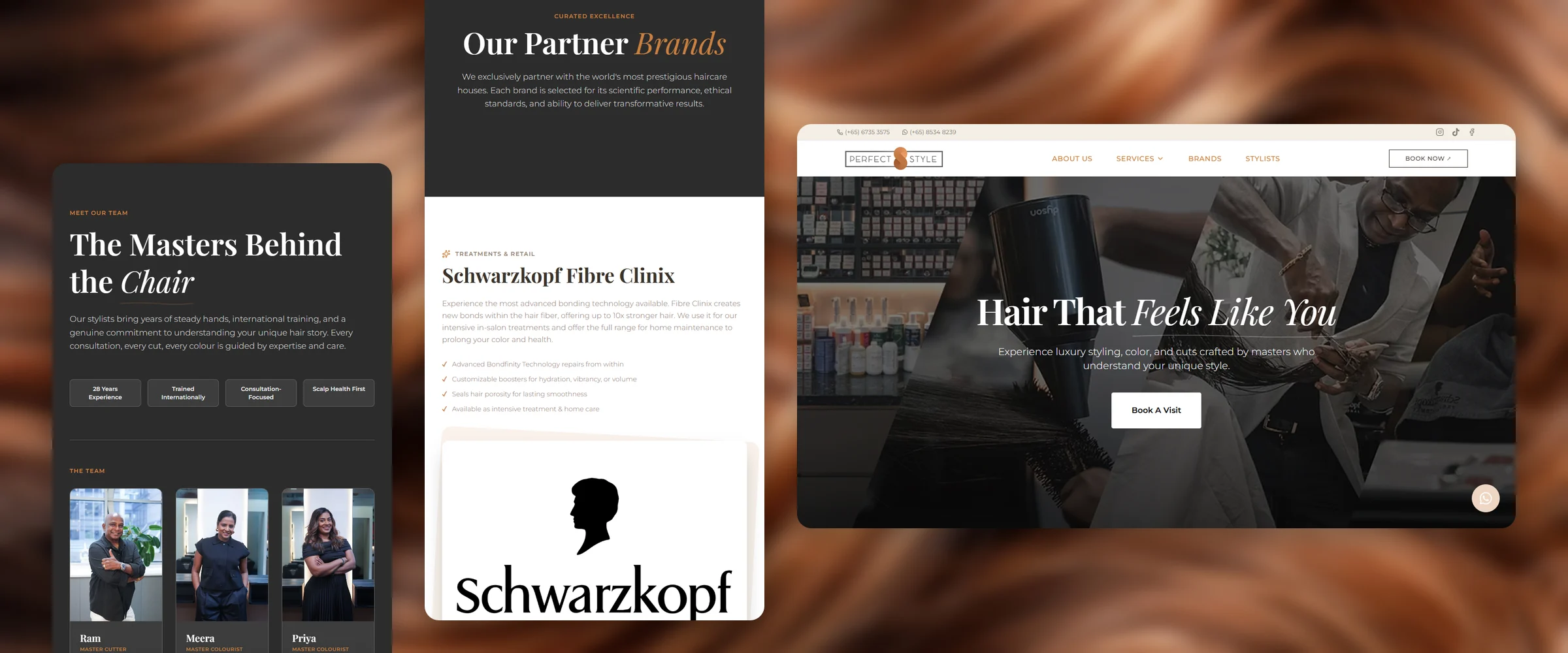 Three Perfect Style Salon pages over glossy copper and caramel hair waves, softly out of focus: Stylists, "The Masters Behind the Chair", with the team's portraits; Brands, "Our Partner Brands", opening on Schwarzkopf Fibre Clinix; and the homepage, "Hair That Feels Like You"