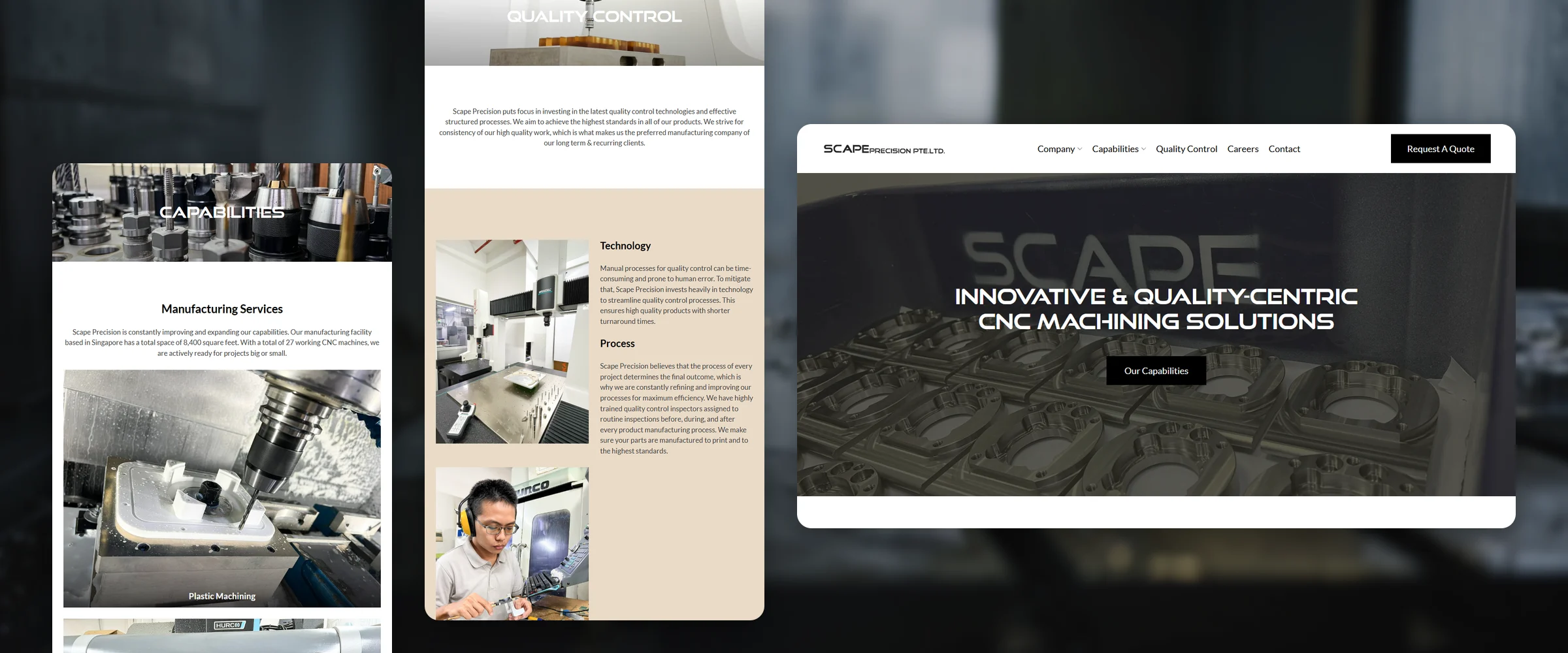 Three Scape Precision pages over a dark CNC machine table of milled aluminium parts and metal chips, softly out of focus: Capabilities, the manufacturing services with a spindle cutting a part; Quality Control, the inspection technology and process beside a measuring room and an inspector at work; and the homepage, "Innovative & Quality-centric CNC Machining SOLUTIONS"