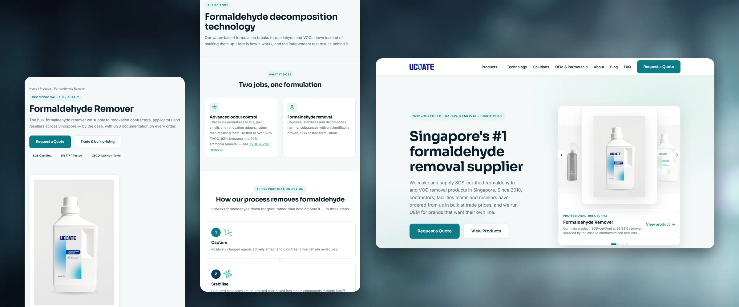 Three UCOATE pages over a deep navy and teal haze of fine coating mist: Formaldehyde Remover, the bulk product page with its SGS, EN 717-1 and OECD 420 badges and the 1L bottle; Technology, "Formaldehyde decomposition technology", how the water-based formula breaks formaldehyde down in three steps; and the homepage, "Singapore's #1 formaldehyde removal supplier"