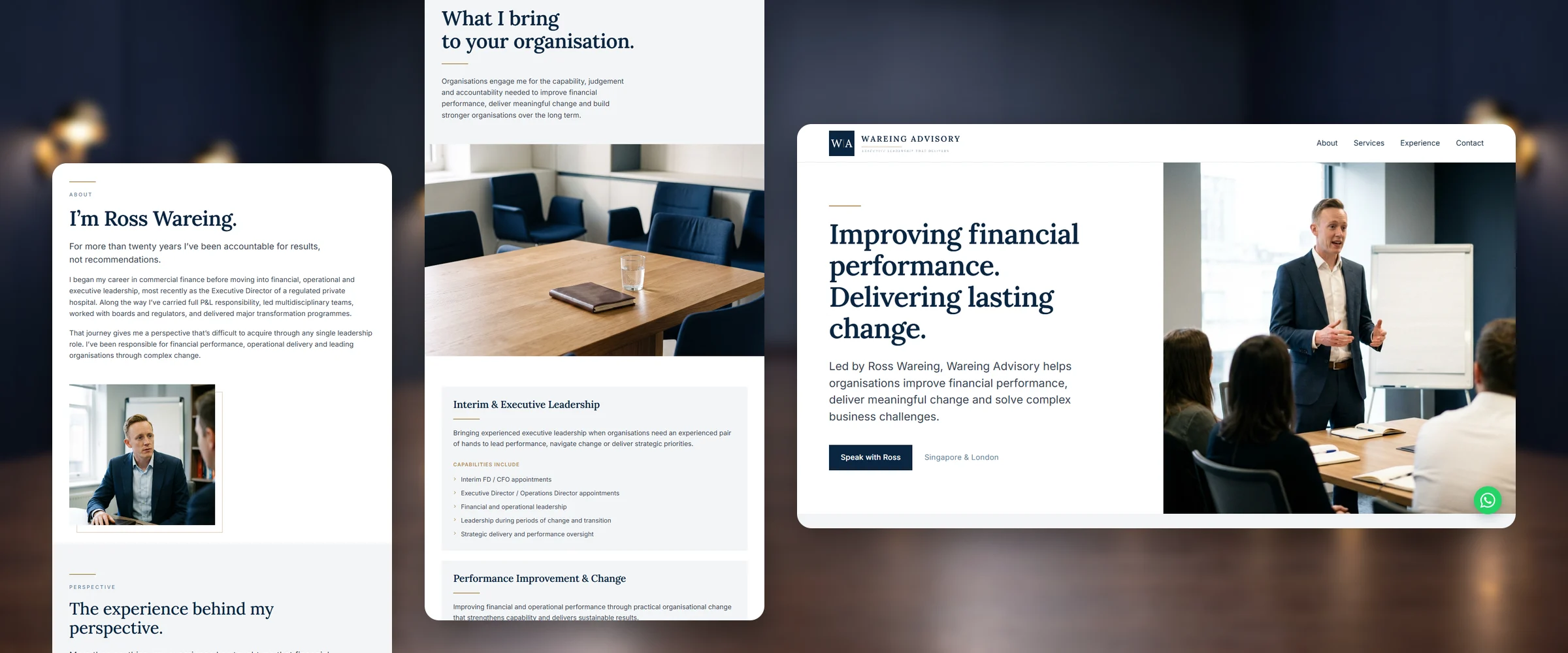 Three Wareing Advisory pages over a softly blurred navy boardroom with brass wall lights and a long walnut table: About, "I'm Ross Wareing.", with his portrait and twenty years of accountable leadership; Services, "What I bring to your organisation.", with a boardroom photograph and the Interim & Executive Leadership and Performance Improvement & Change service lines; and the homepage, "Improving financial performance. Delivering lasting change."