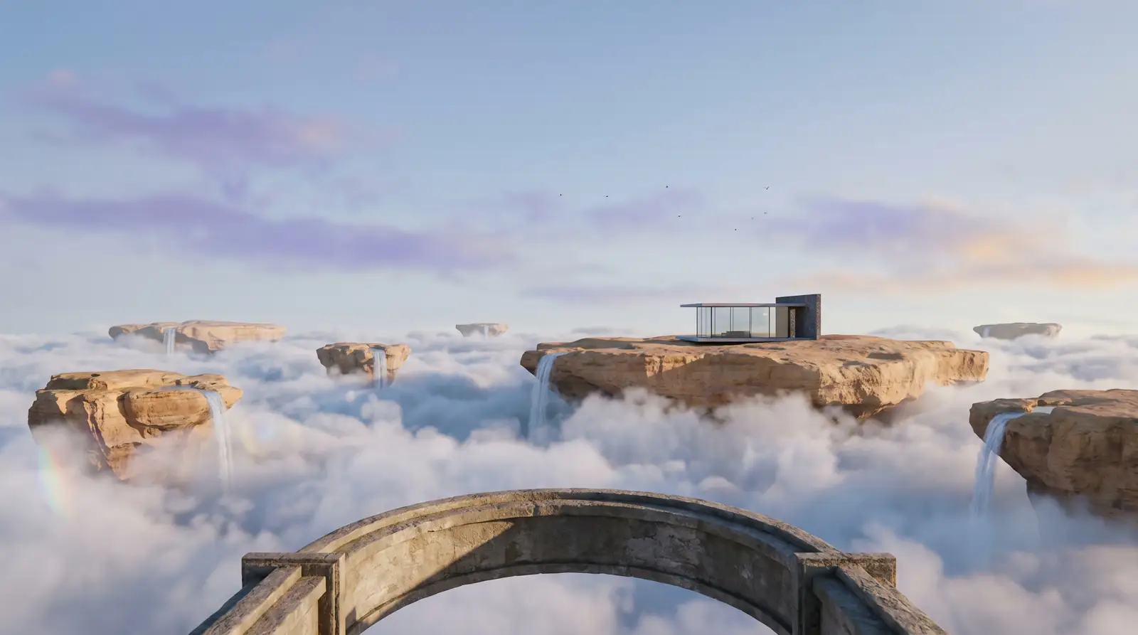 Floating islands above a sea of clouds, seen through a stone arch