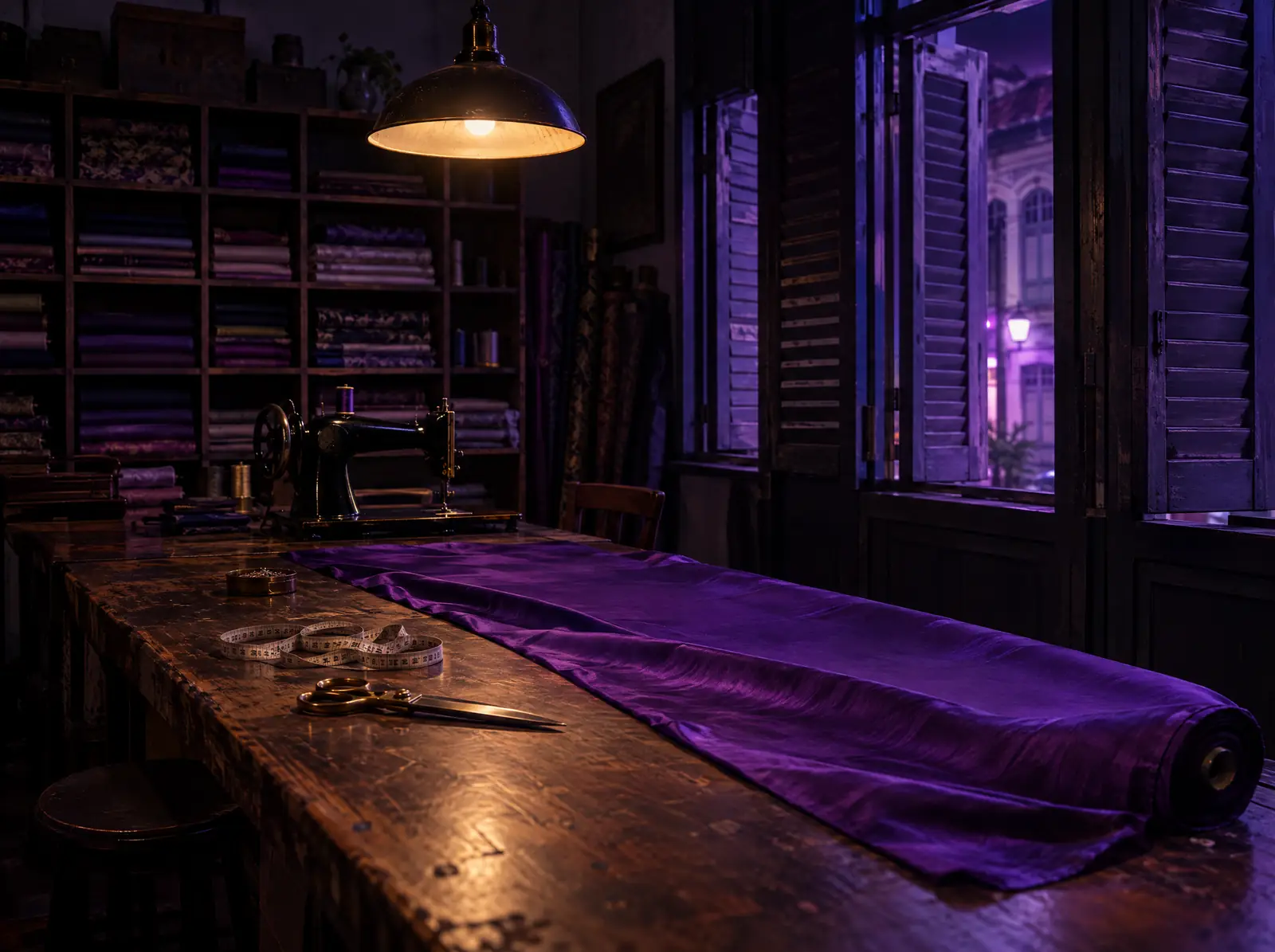 A tailor's workshop at night: purple silk across a worn timber table, brass scissors, a vintage sewing machine and shuttered windows