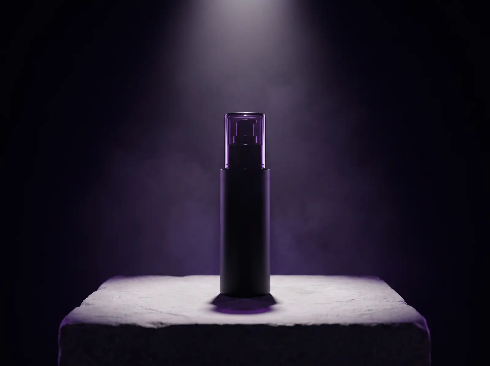 A matte black bottle with a purple glass cap on a stone plinth, lit from above in a dark violet studio