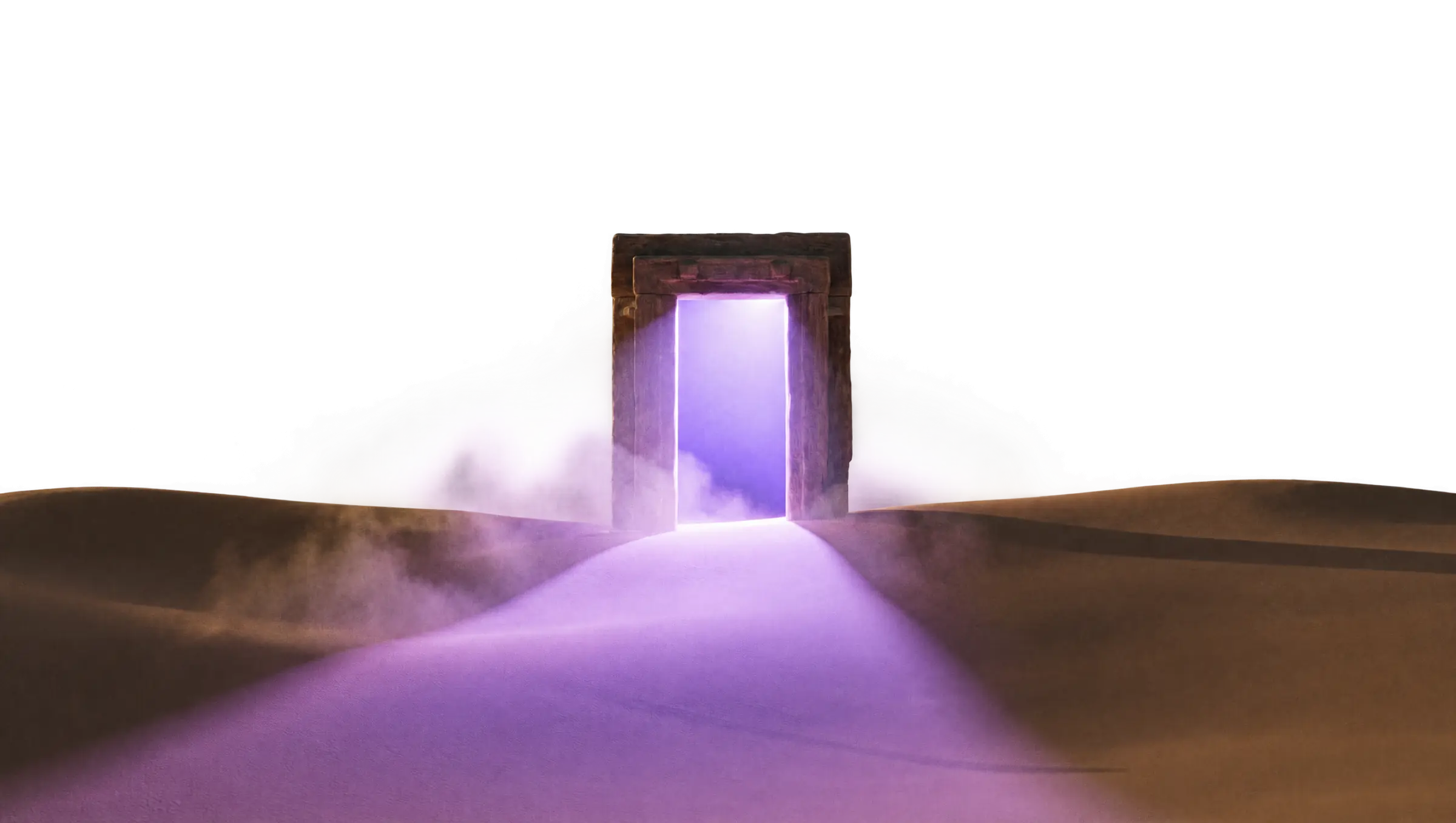 A giant stone doorway glowing violet in an empty desert, a violet path of light leading to it