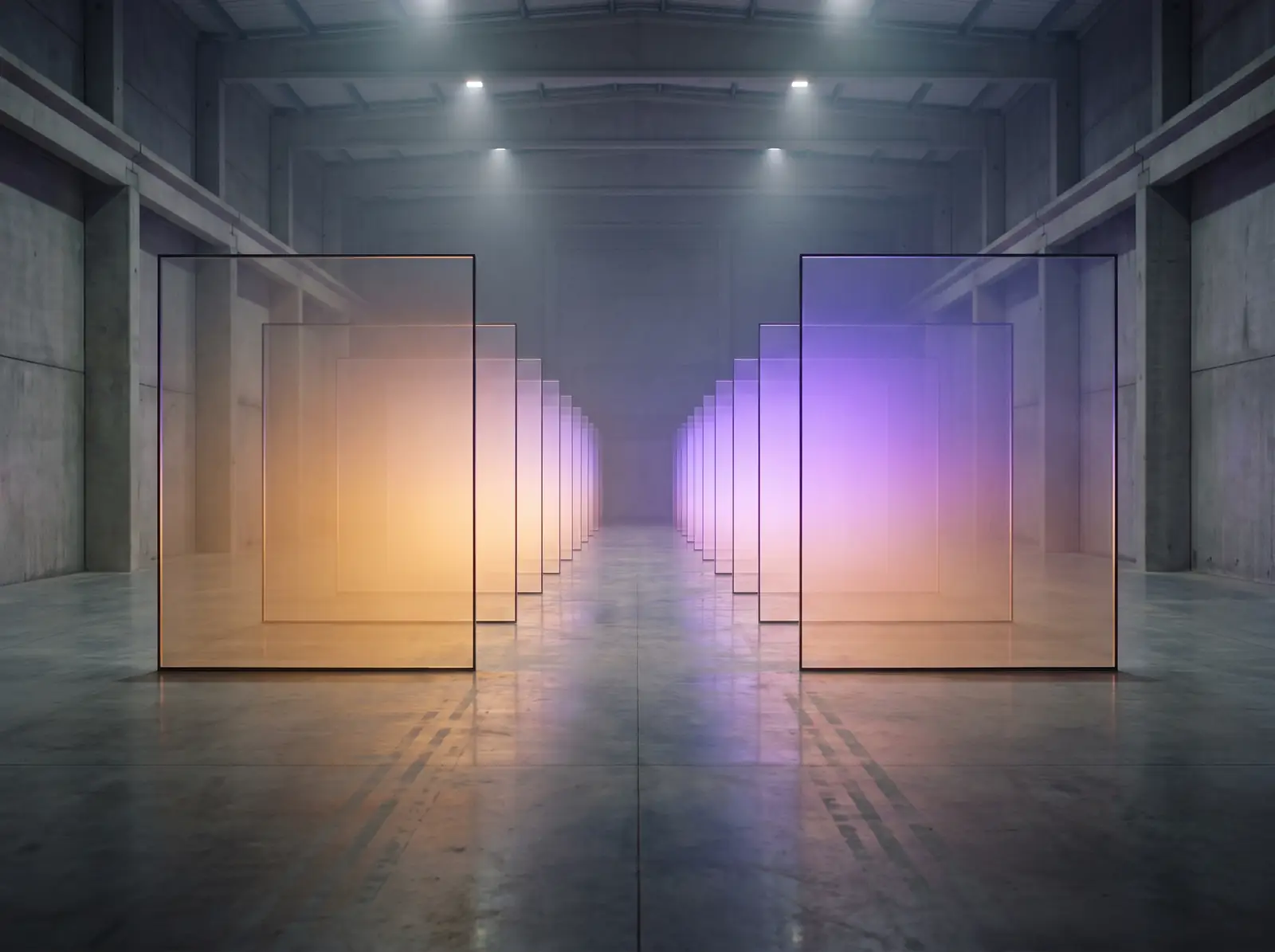 A dark hall lined with glowing glass panels that recede into the distance