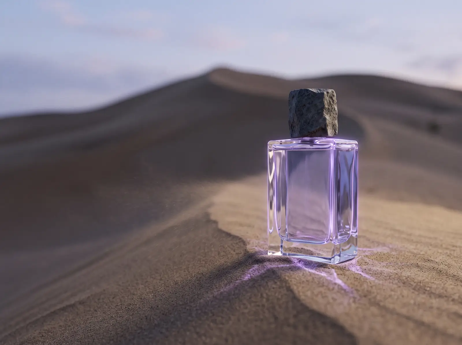 A glass perfume bottle with a stone cap standing on a desert dune, lit violet from inside