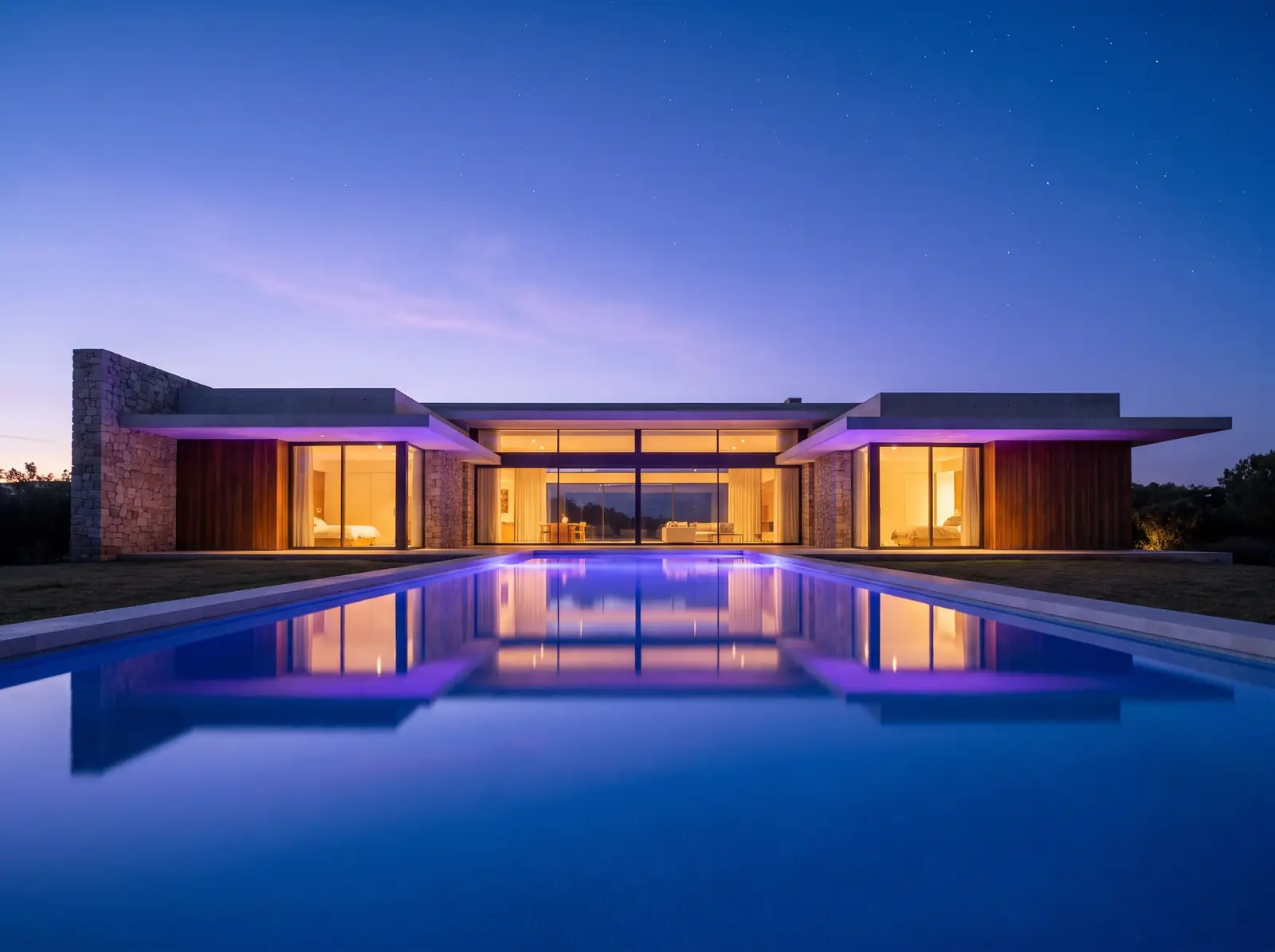 A low stone and glass villa at dusk behind a long lit pool