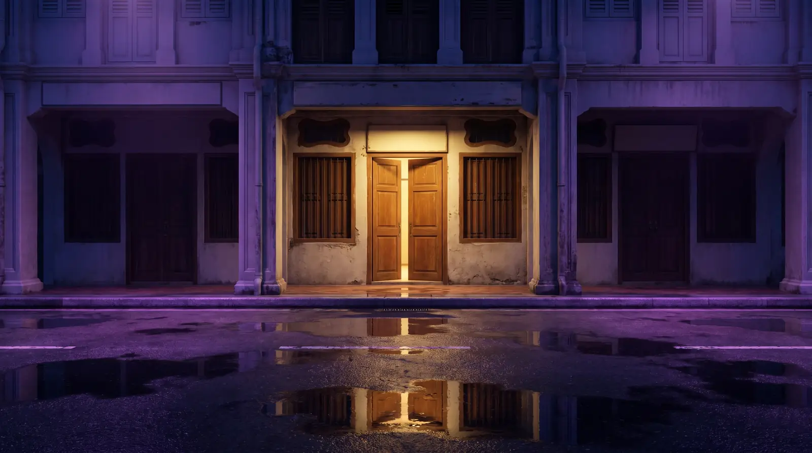A shophouse street in Singapore at night after rain, one doorway glowing warm