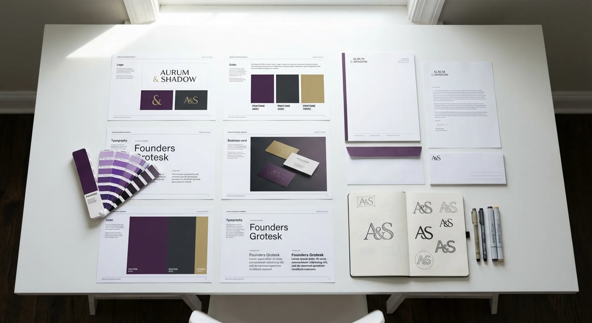 Brand identity design spread with logo variations, colour palettes, and typography specimens