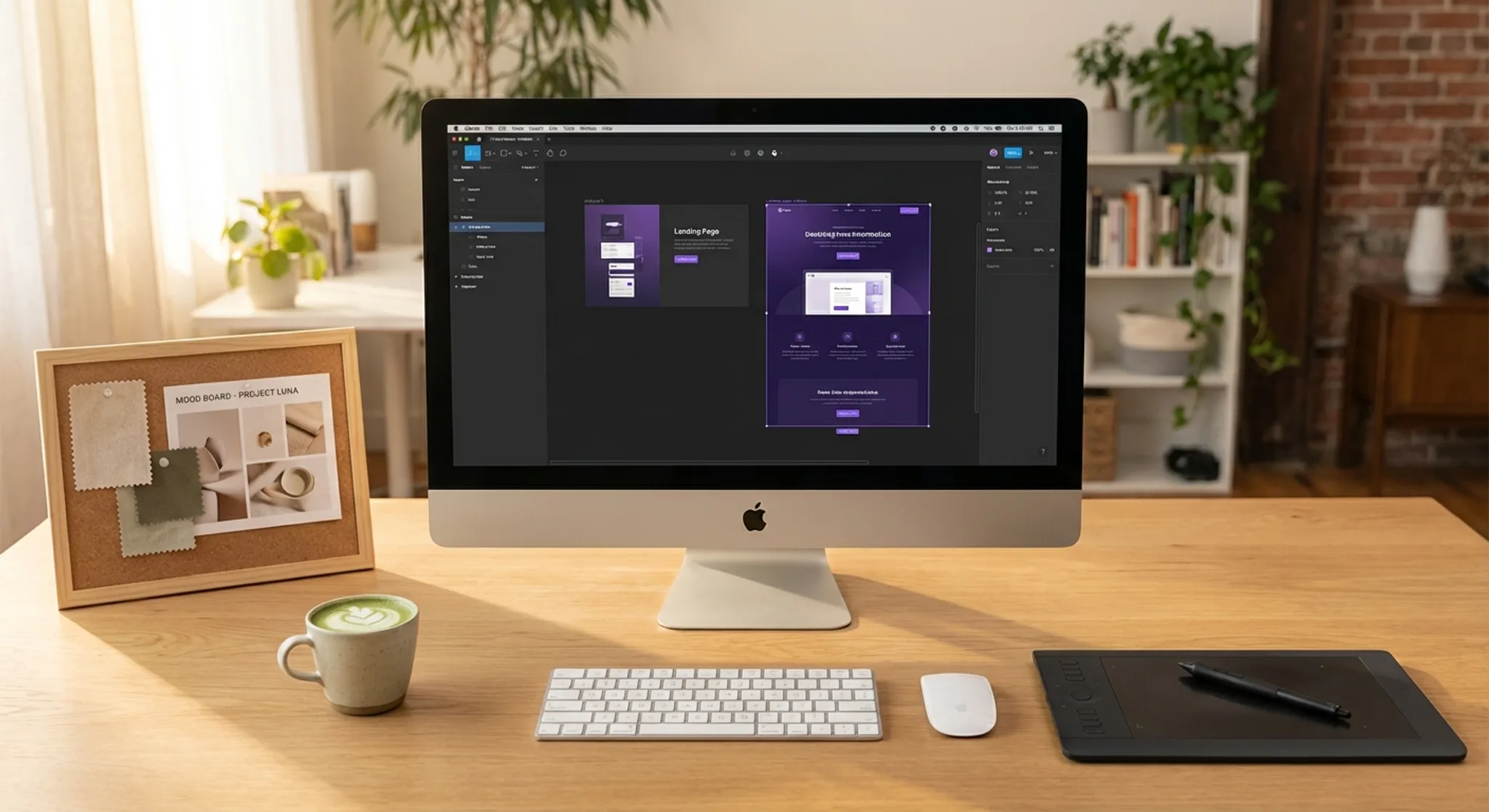 Web designer workspace with design tools, wireframes and a modern website in progress on screen