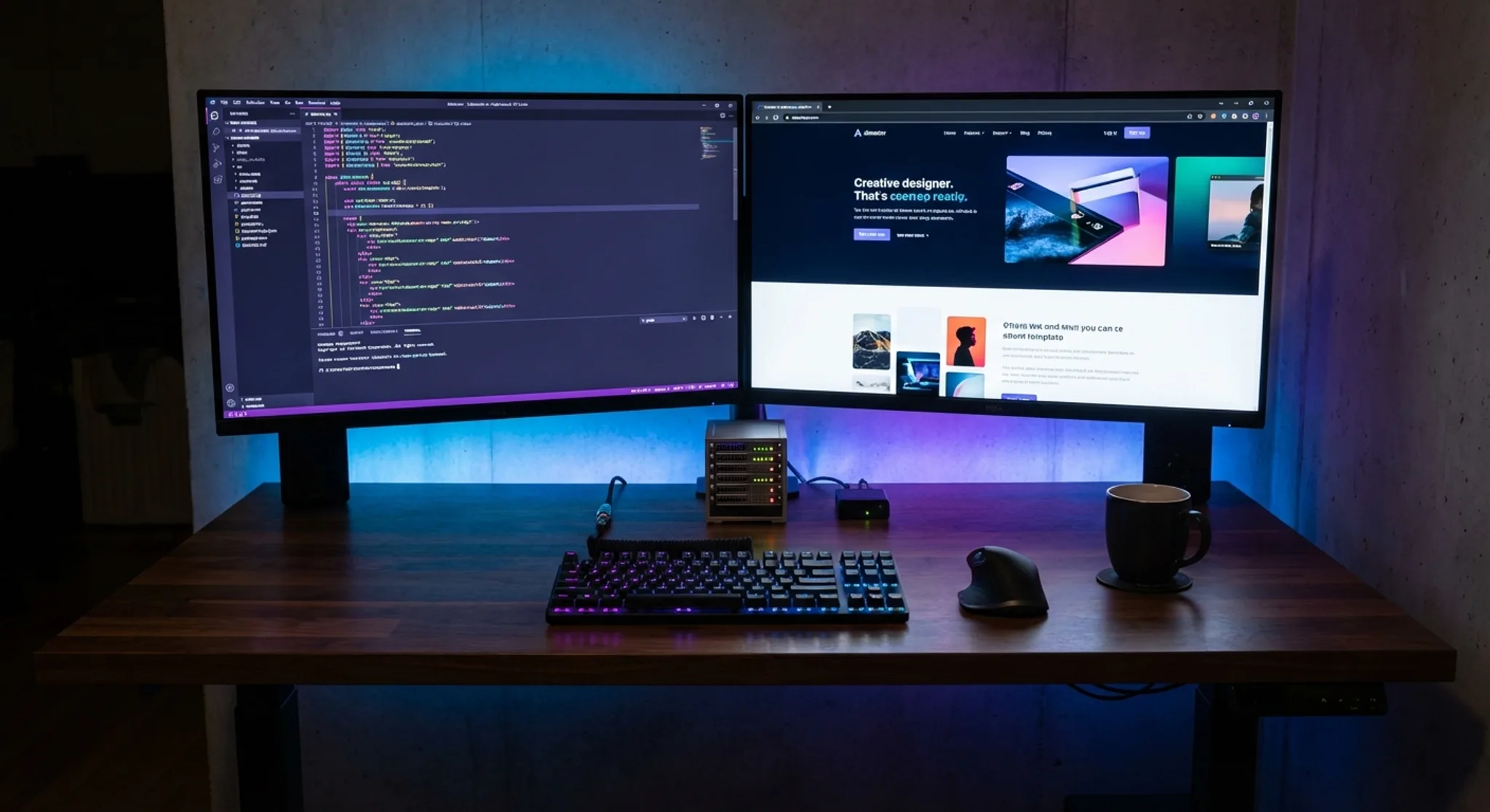Custom web development workspace with modern code editor and development tools