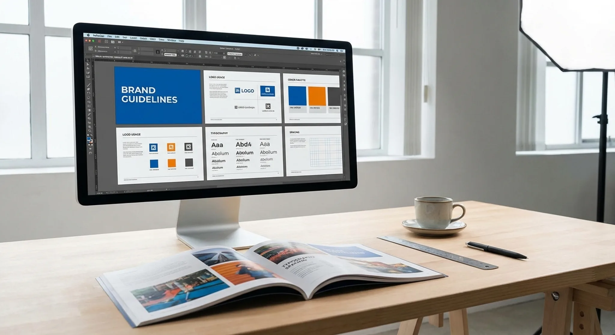 Brand guidelines creation workspace with logo usage rules and colour specifications