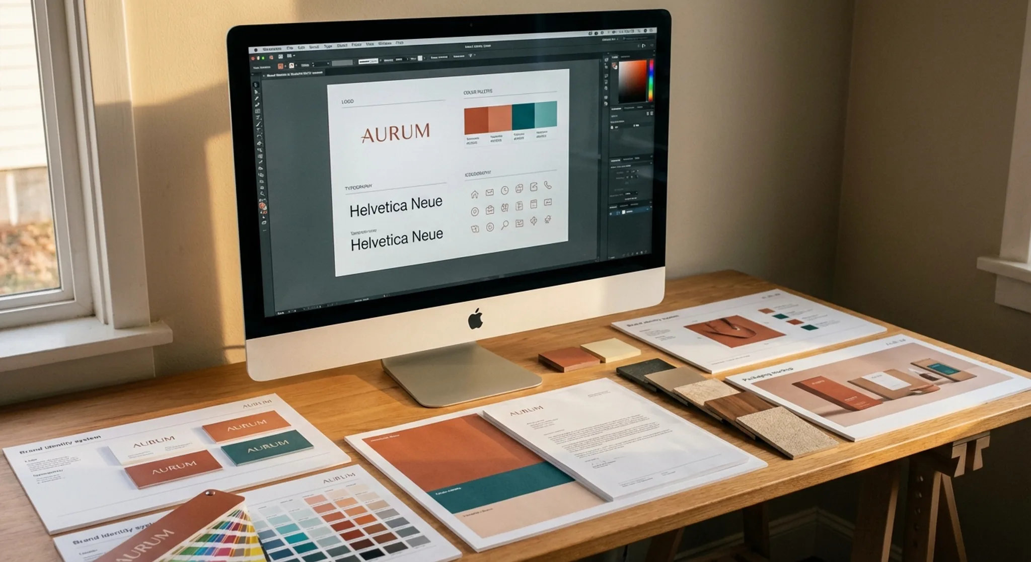 Brand identity design workspace with logo, colour palette, and brand collateral