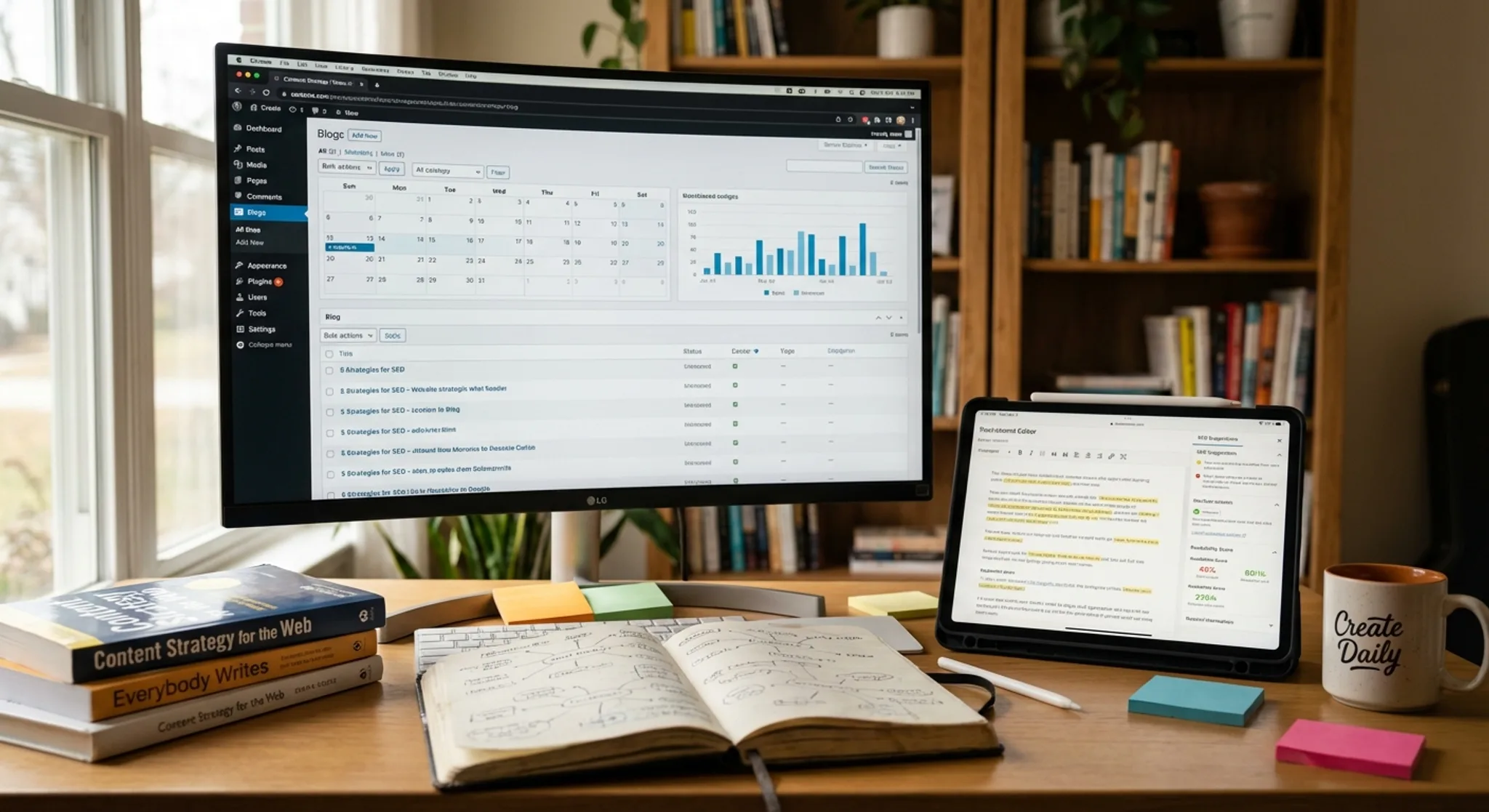 Content marketing workspace with editorial calendar and content performance analytics