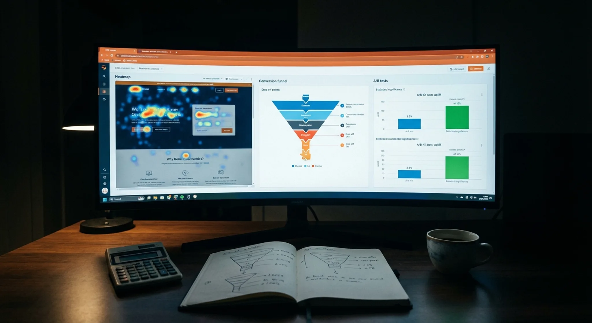 CRO workspace with A/B testing results, heatmaps, and conversion funnel analysis