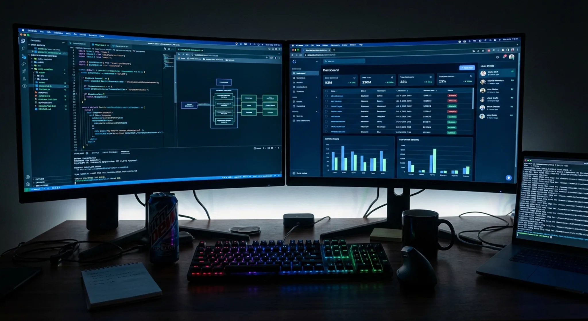 Custom web application development with dual monitors showing React code and app dashboard