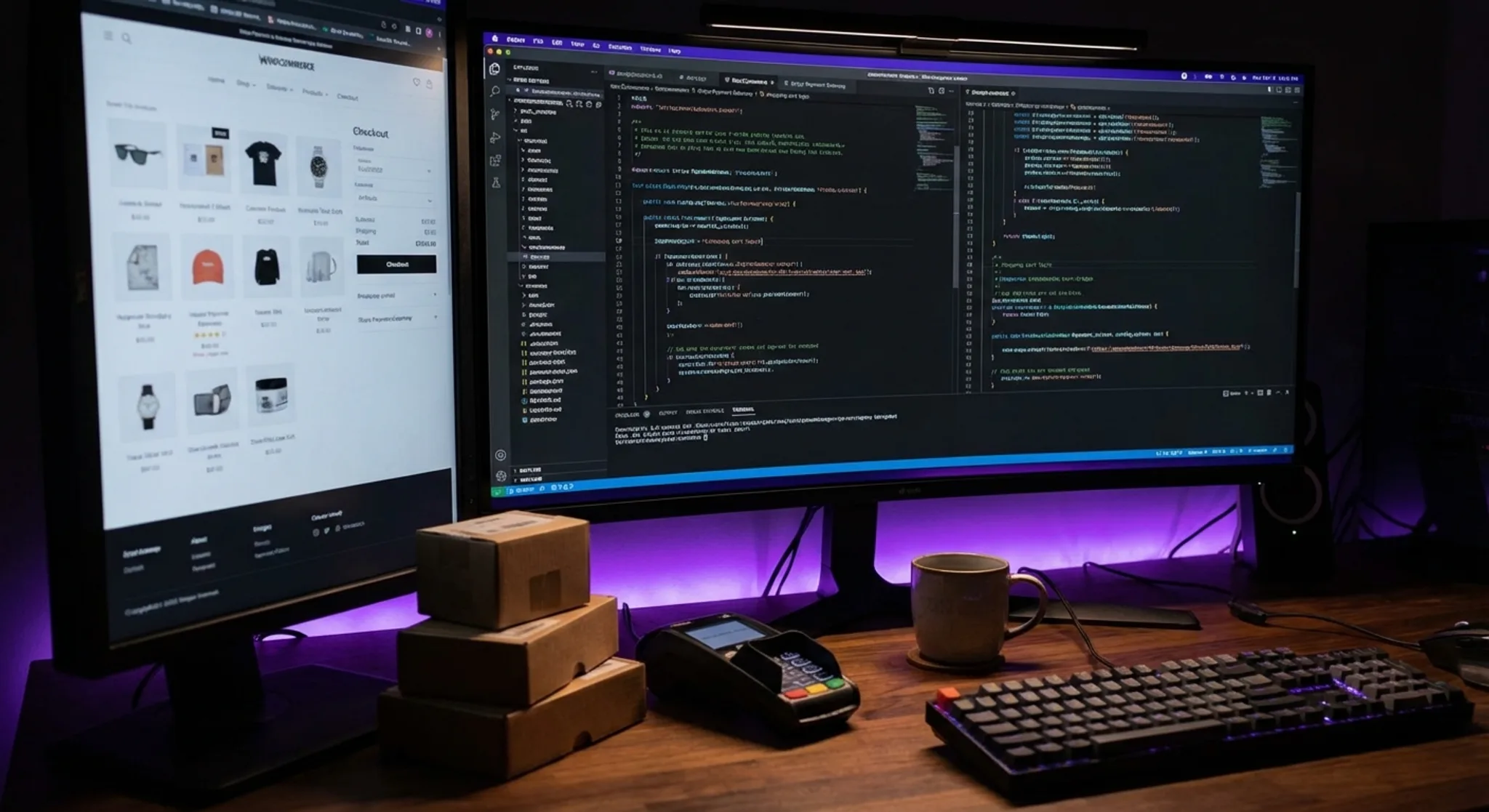 E-commerce development workspace with store code and shopping interface