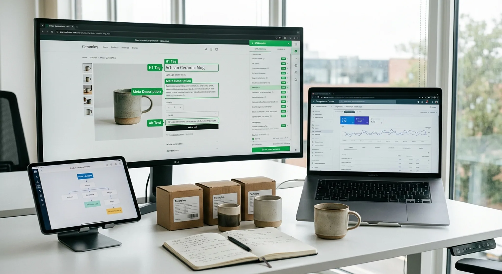 E-commerce SEO workspace with product rankings and search console data