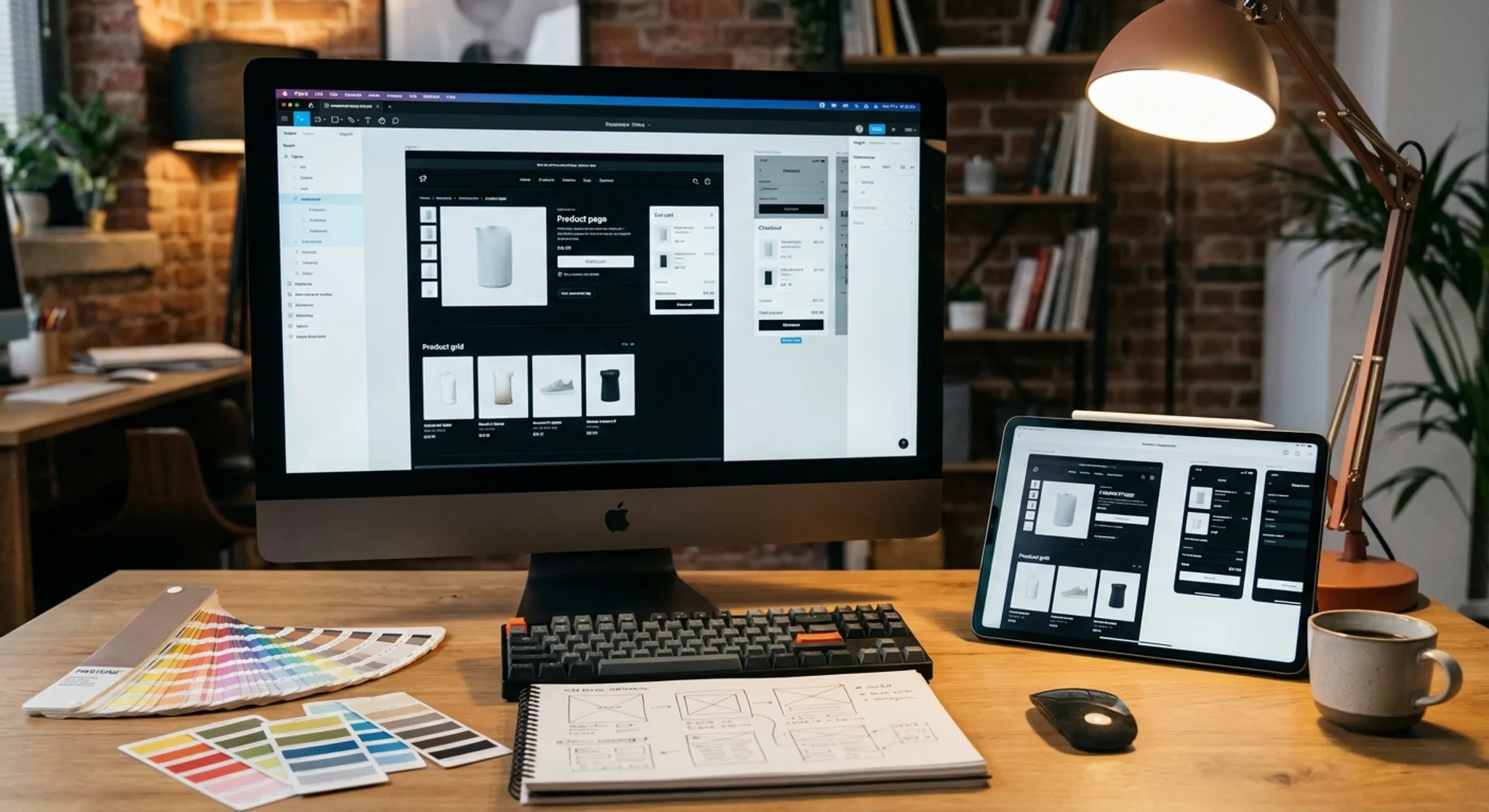 E-commerce website design workspace with Figma mockups and product page layouts