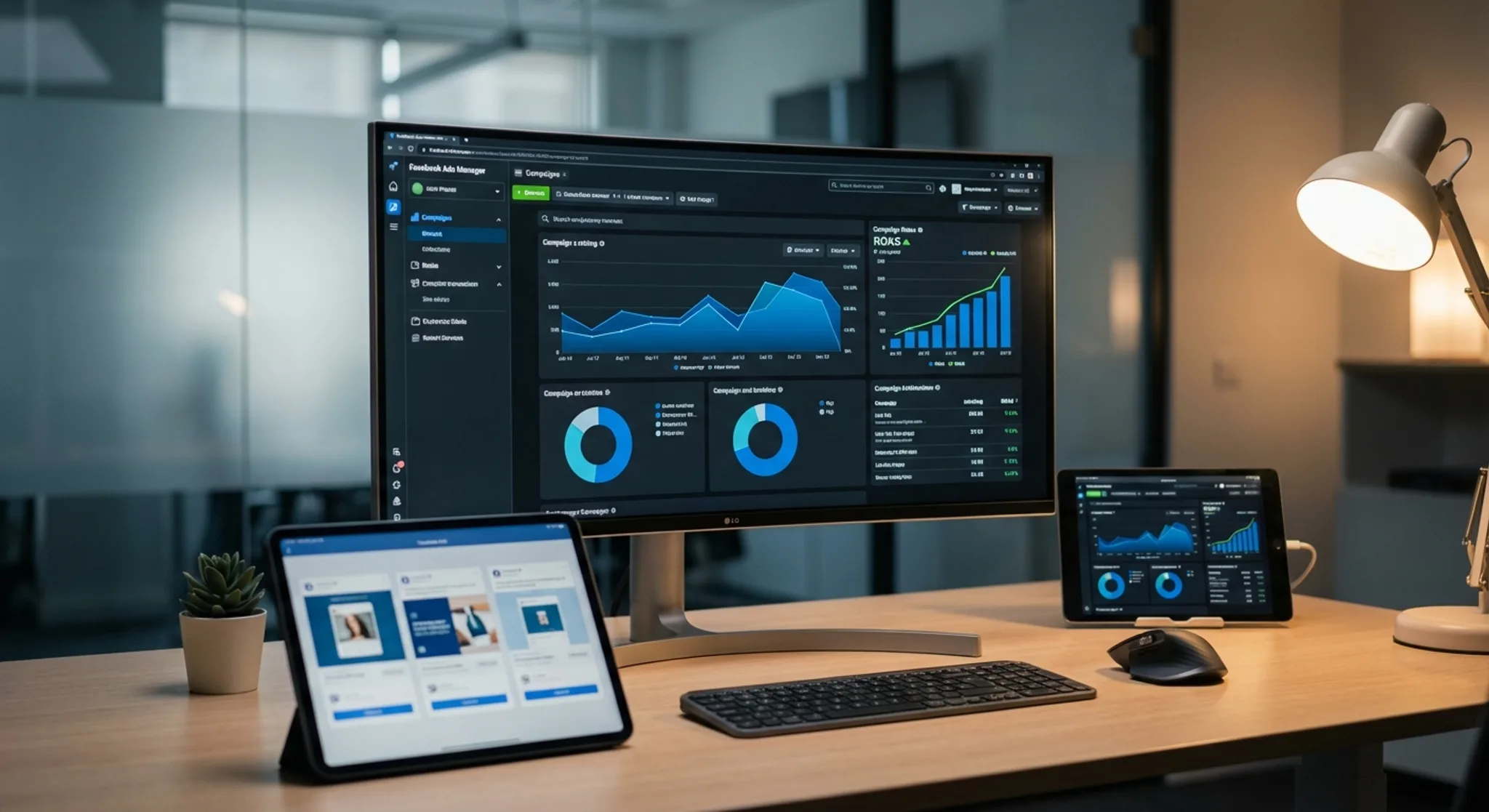Facebook advertising dashboard with campaign metrics and audience insights