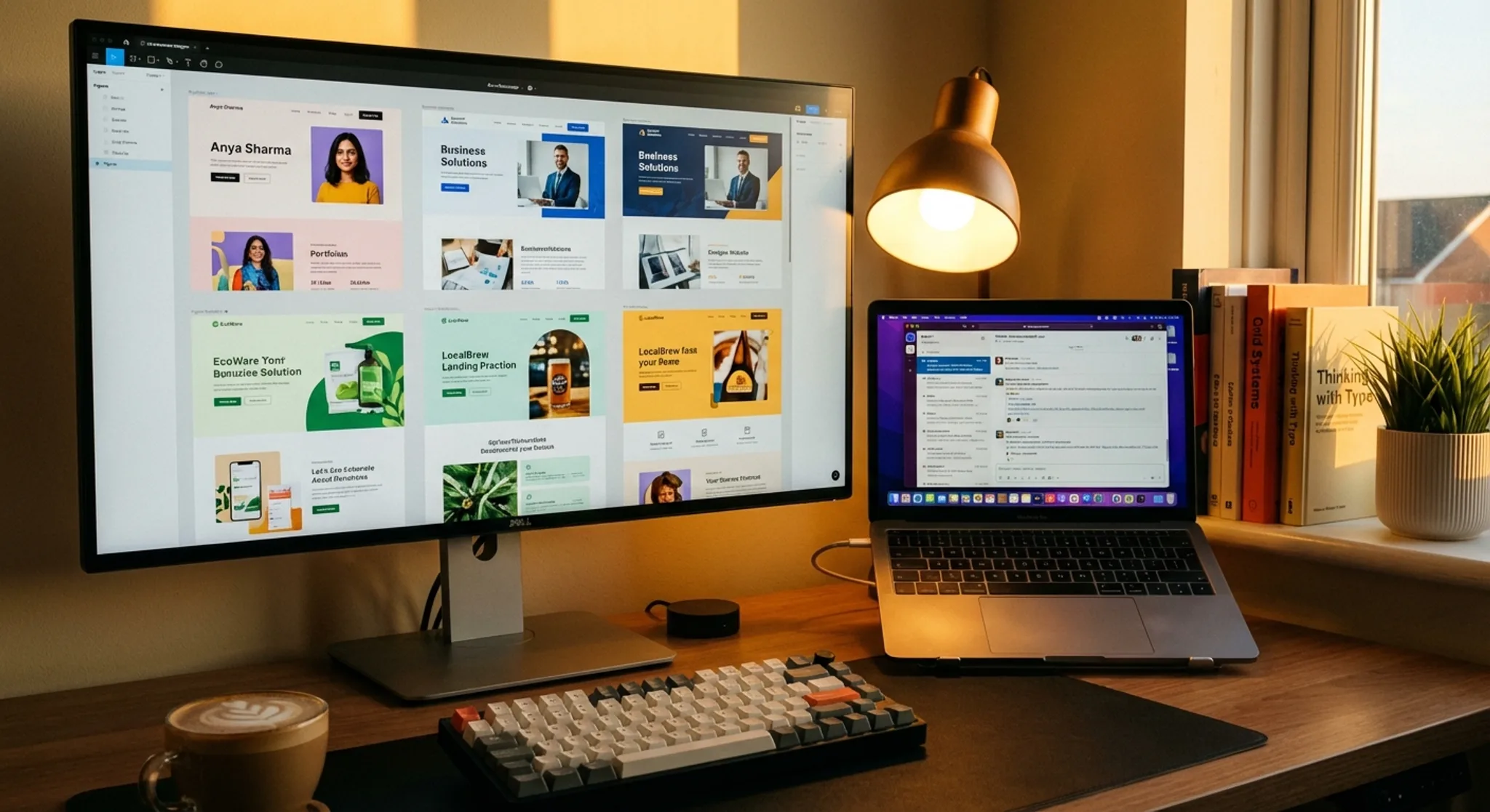 Freelance web designer creative workspace with multiple design projects