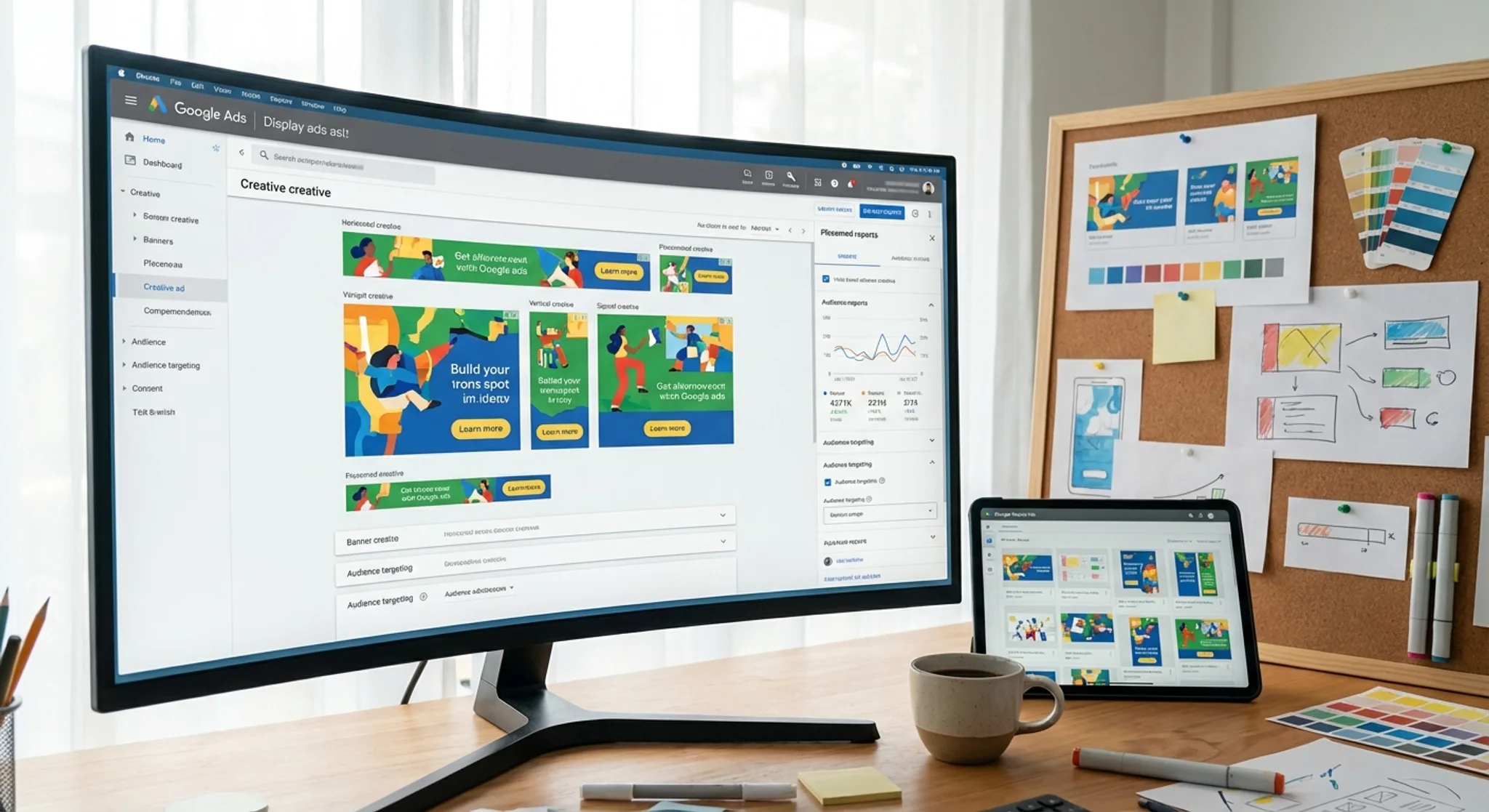 Google Display Ads workspace with banner creative previews and placement reports