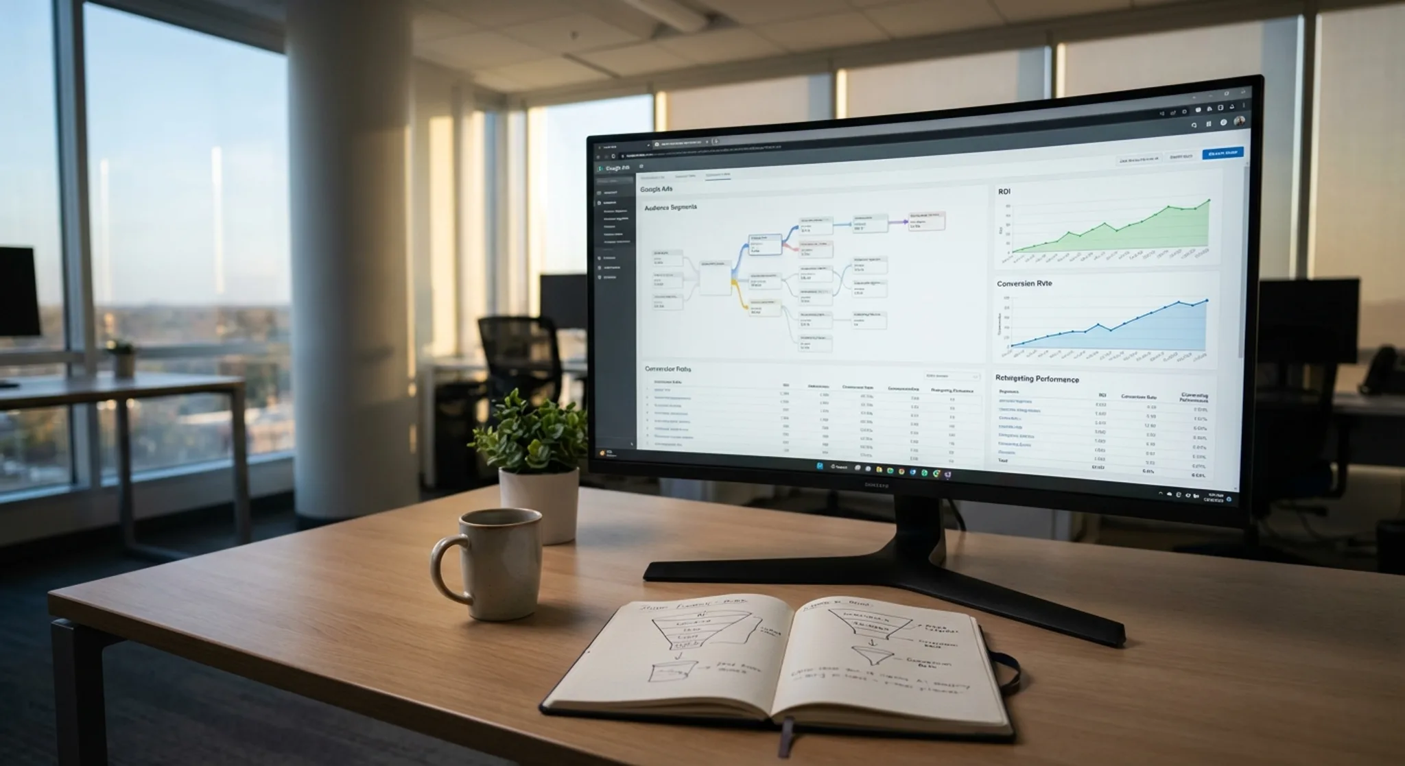 Google remarketing workspace with audience segments and conversion path analysis