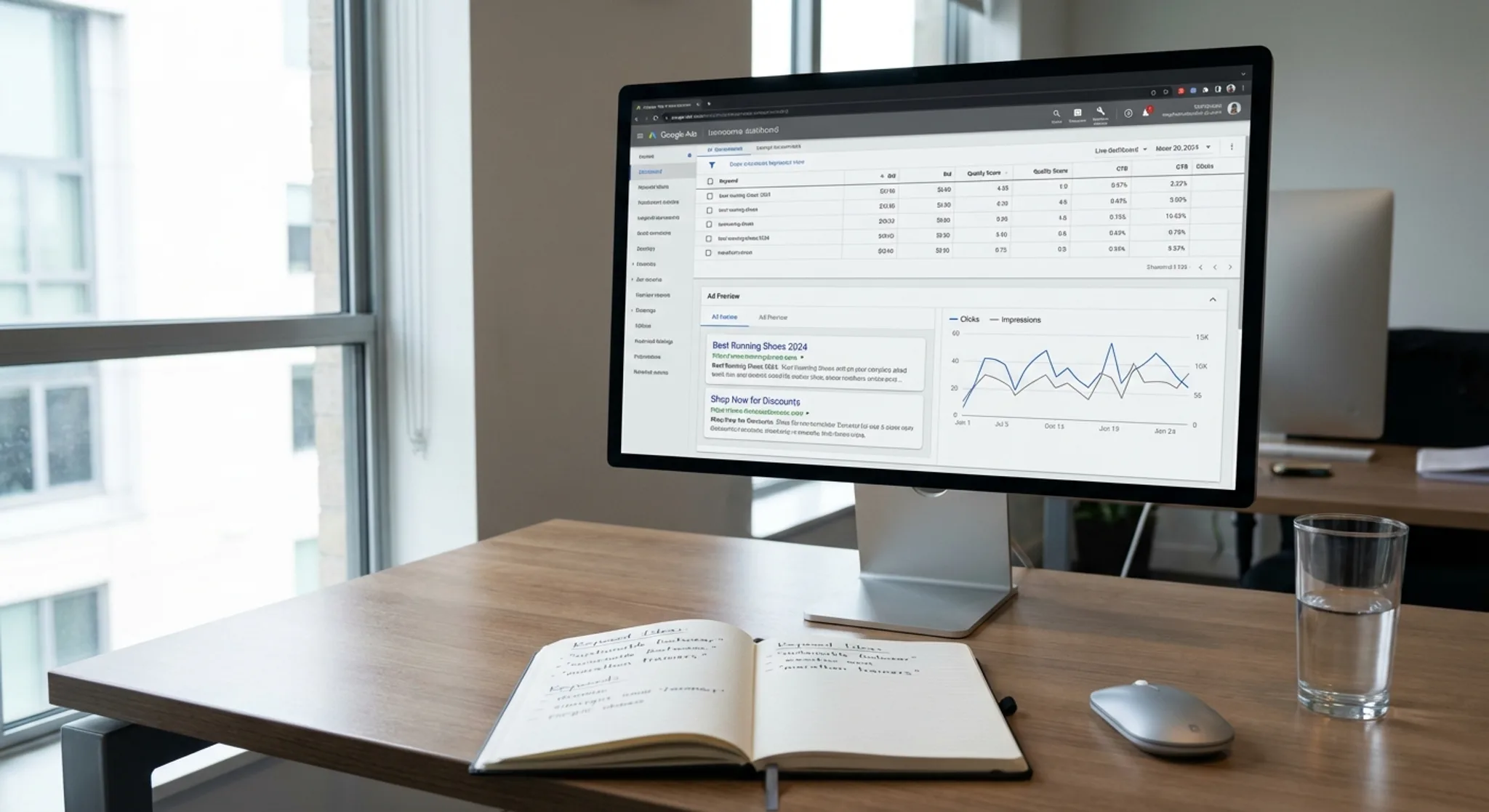 Google Search Ads workspace with keyword bids and ad performance metrics