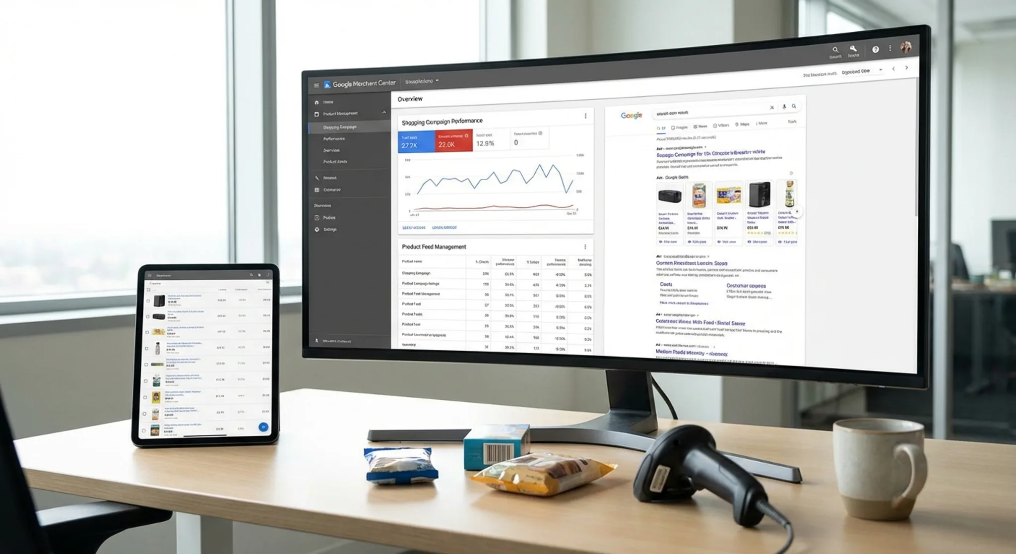 Google Shopping Ads workspace with product feed and shopping campaign metrics