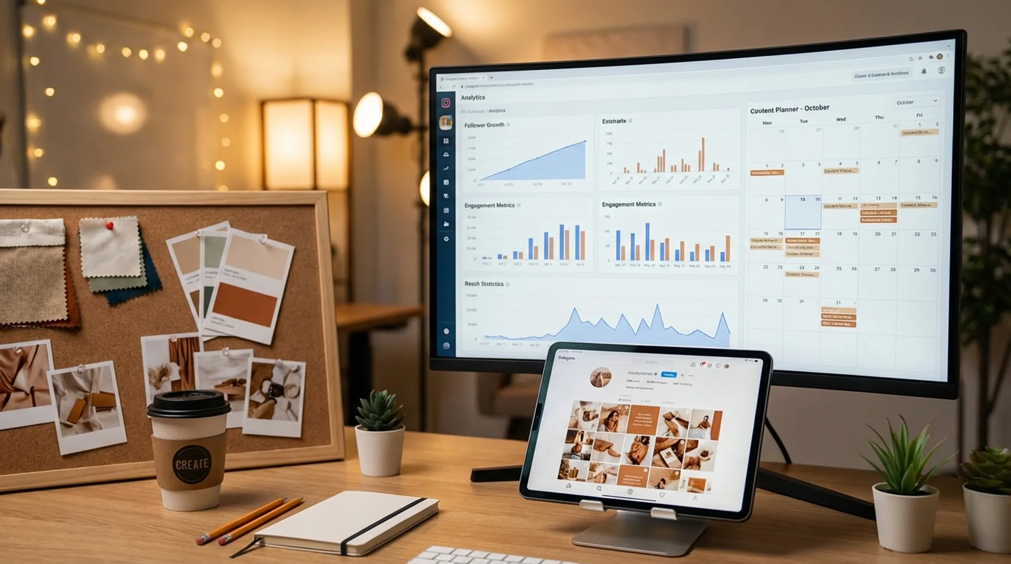 Instagram marketing workspace with content calendar and engagement analytics