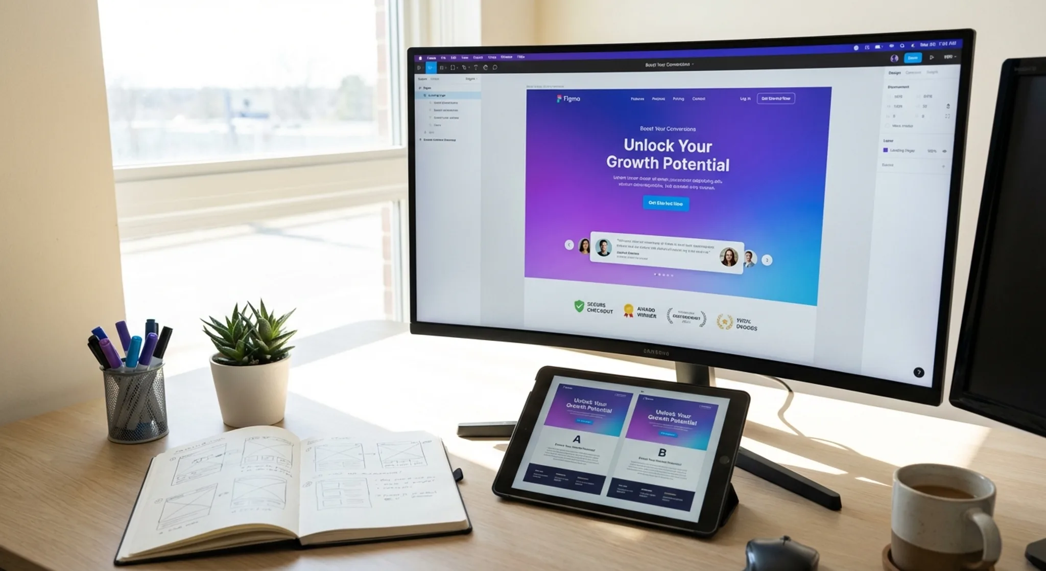 Landing page design workspace with high-converting page layouts in Figma