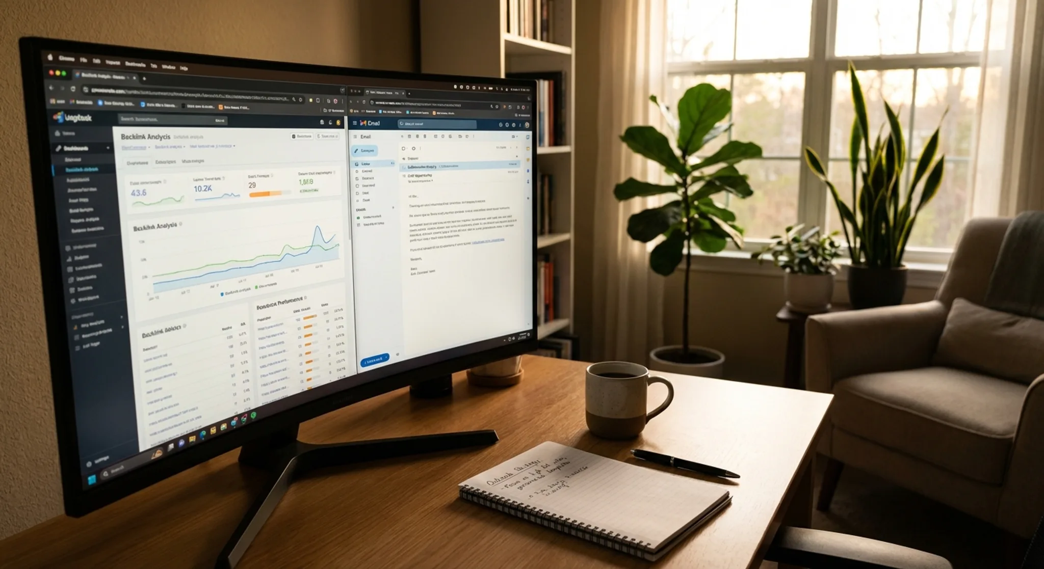 Link building workspace with backlink analysis and outreach tools