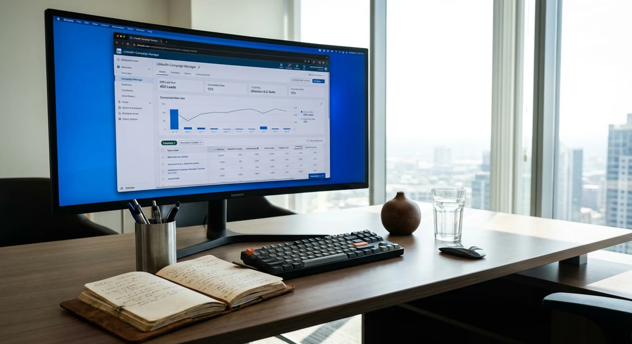 LinkedIn campaign manager with B2B lead generation metrics and targeting