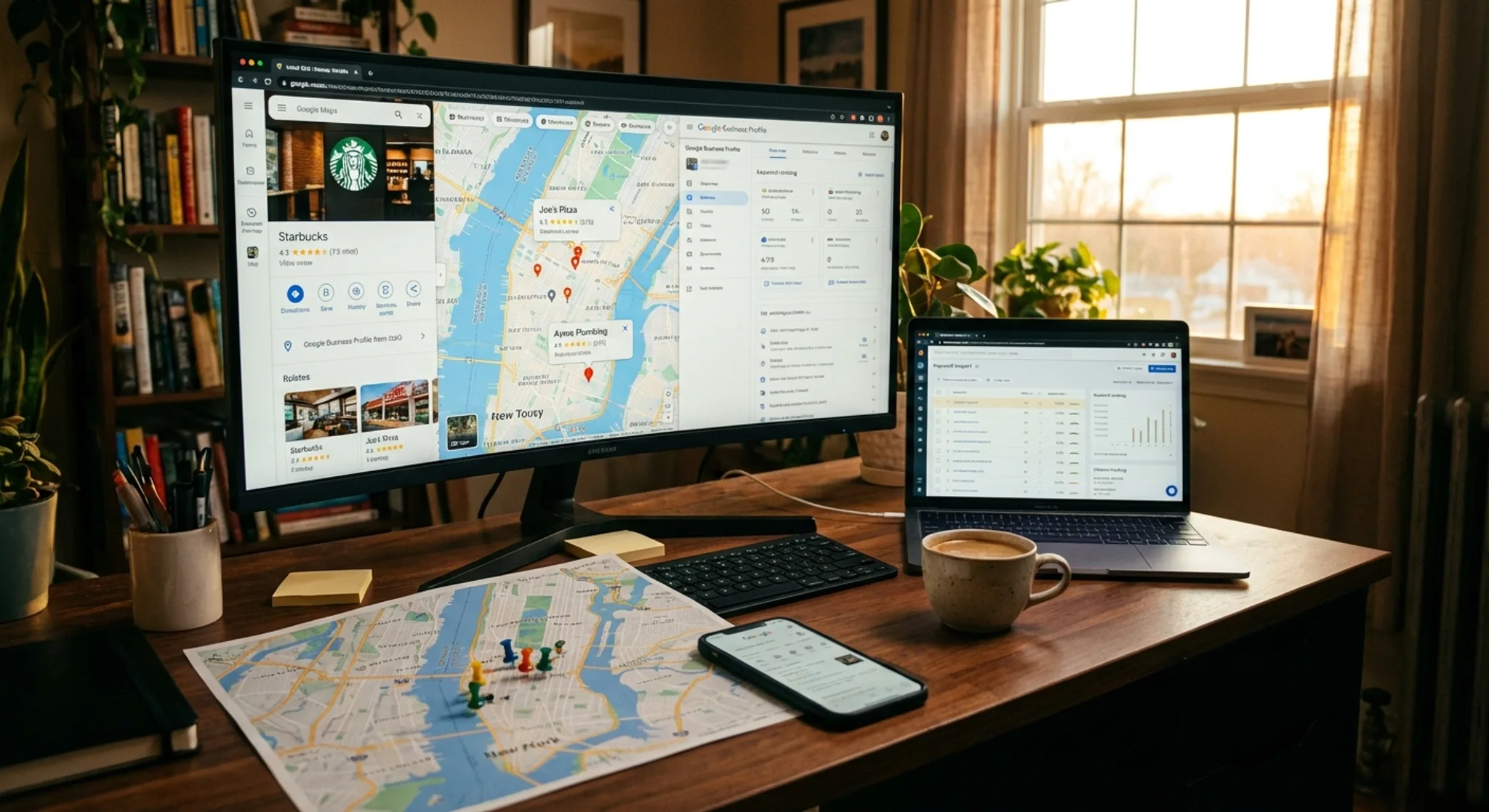 Local SEO workspace with Google Maps listings and business profile management