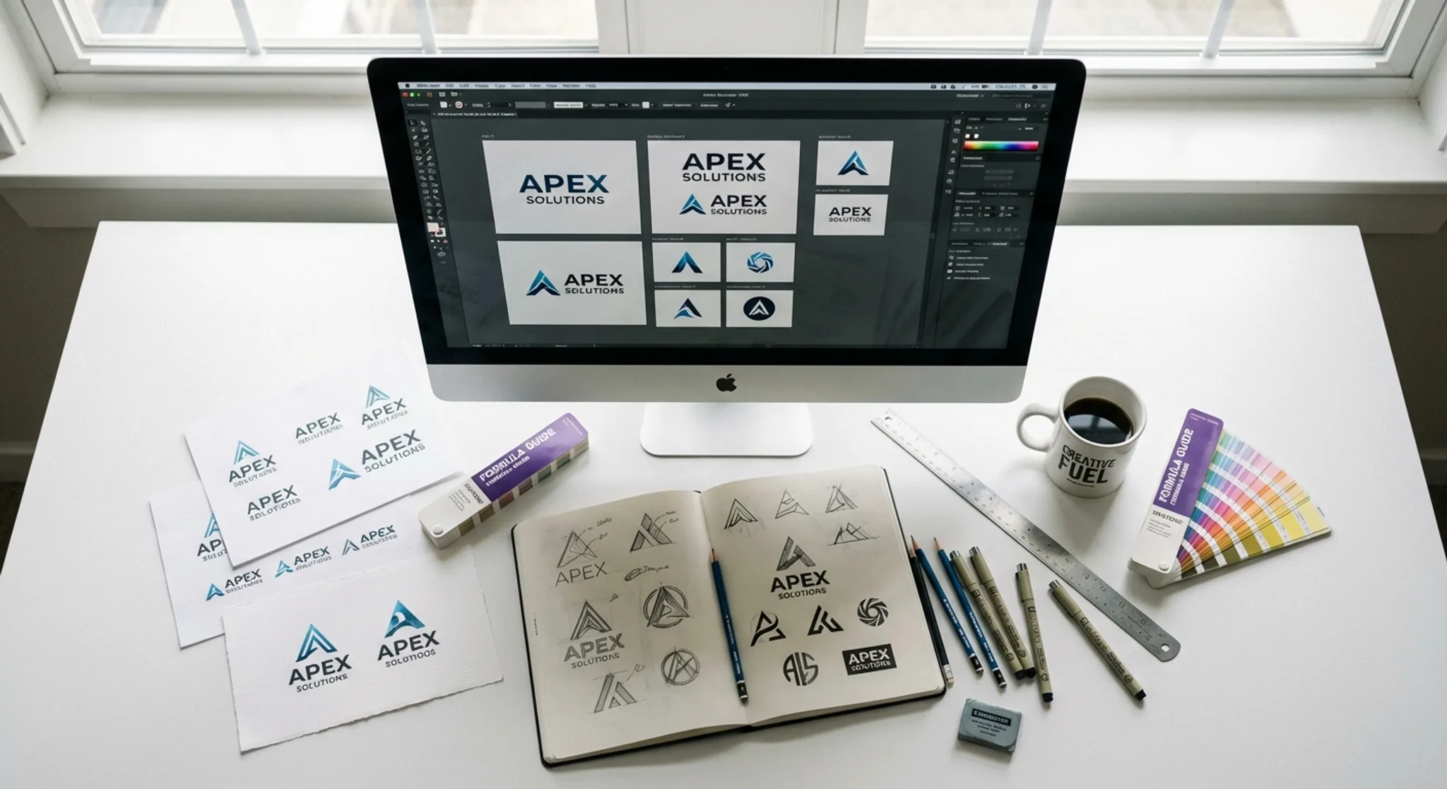 Logo design workspace with multiple logo concepts in Illustrator and sketchbook