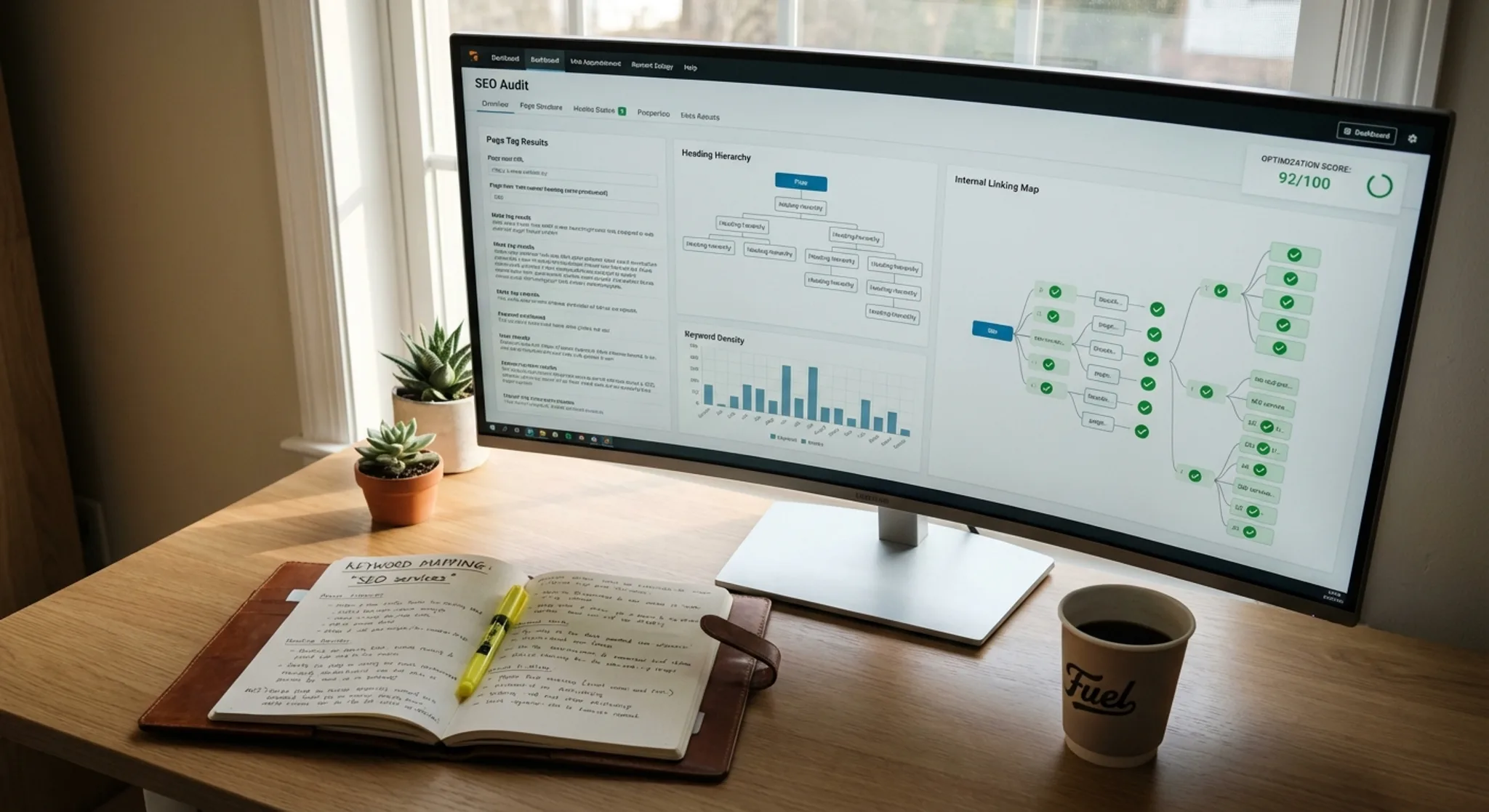 On-page SEO workspace with page audit tools and keyword optimization