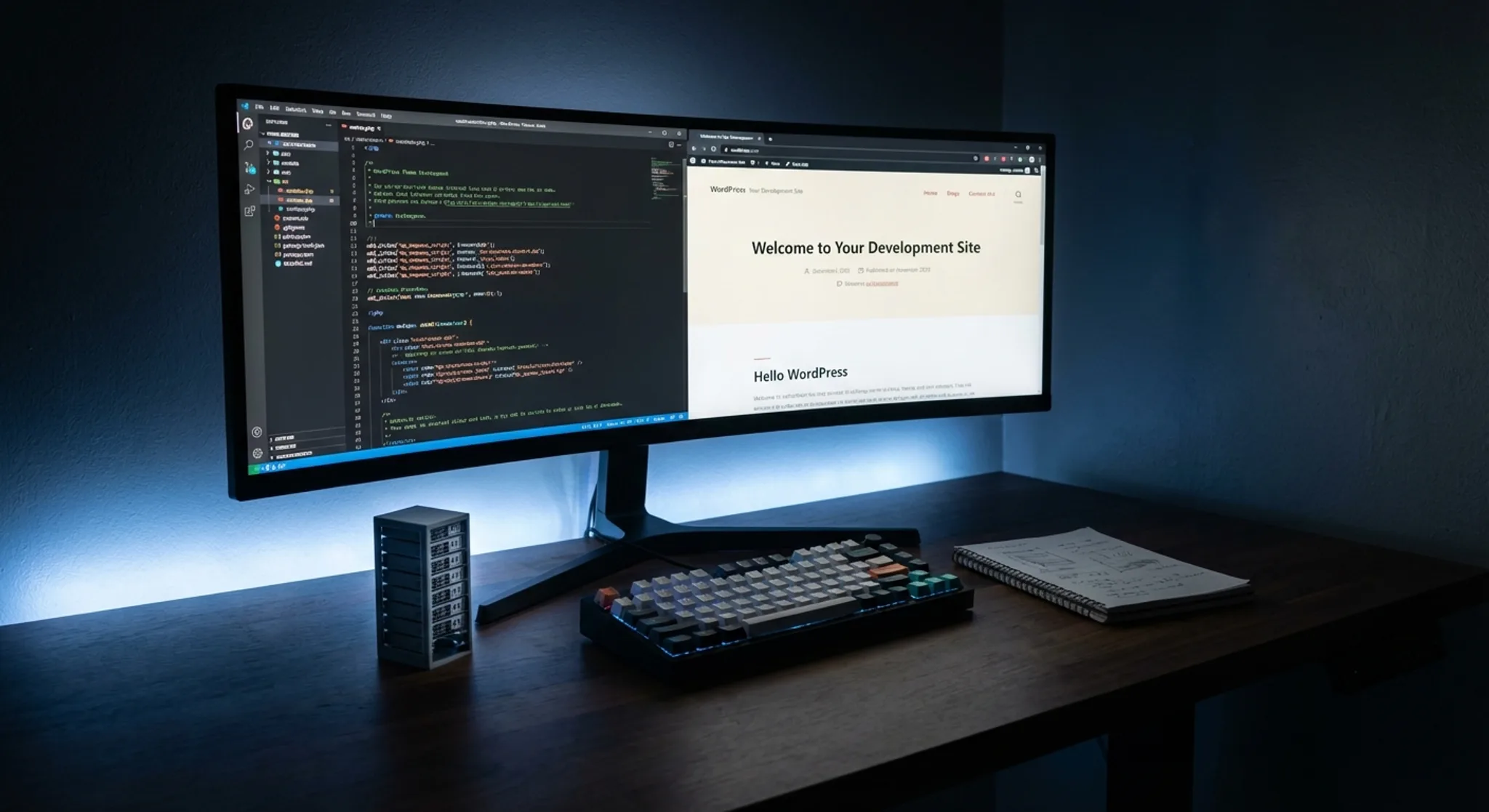 WordPress development workspace with PHP code editor and site preview