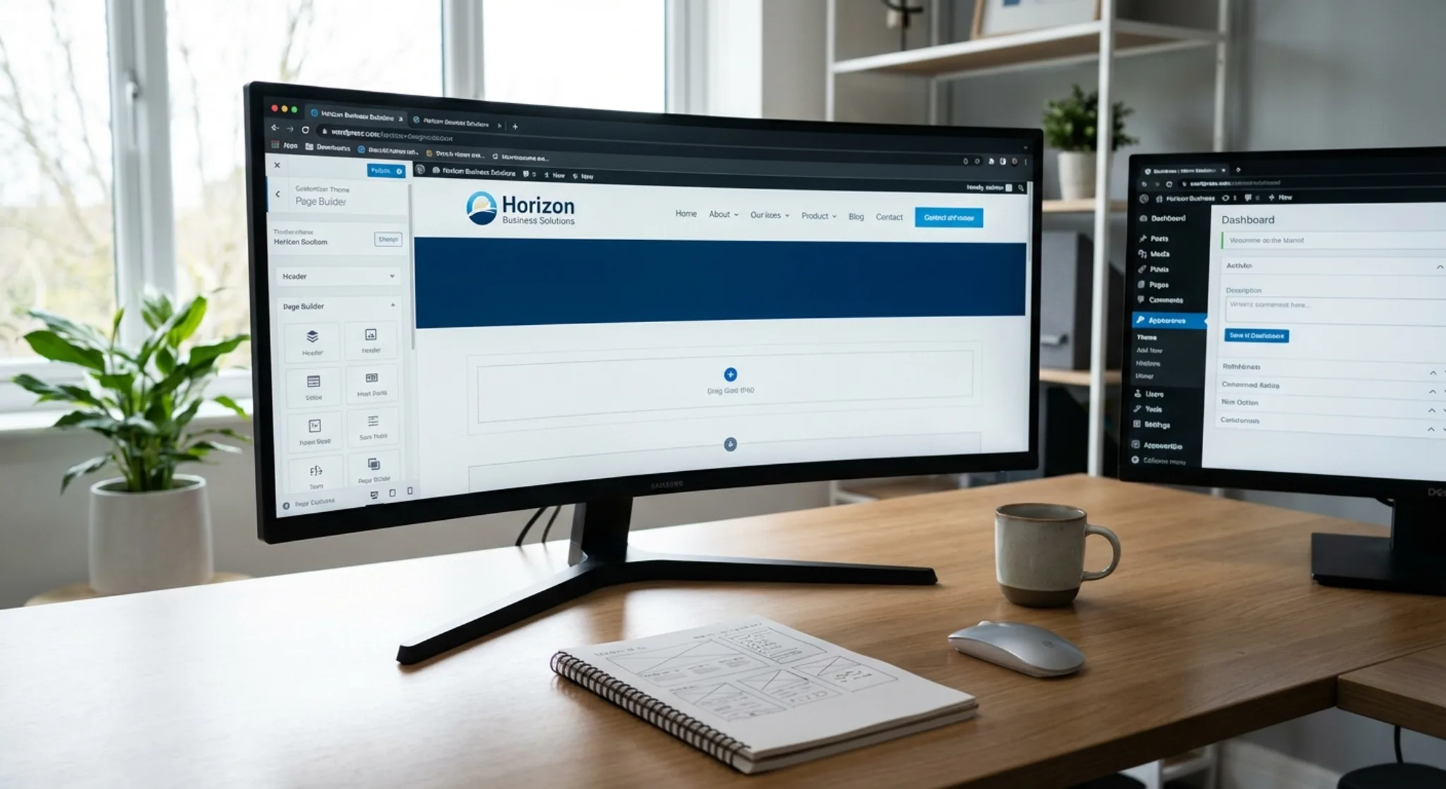 WordPress website design workspace with theme customizer and admin dashboard